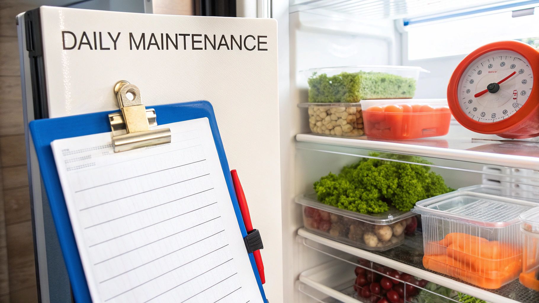 A person inspecting the interior of a clean, well-organized walk-in freezer.