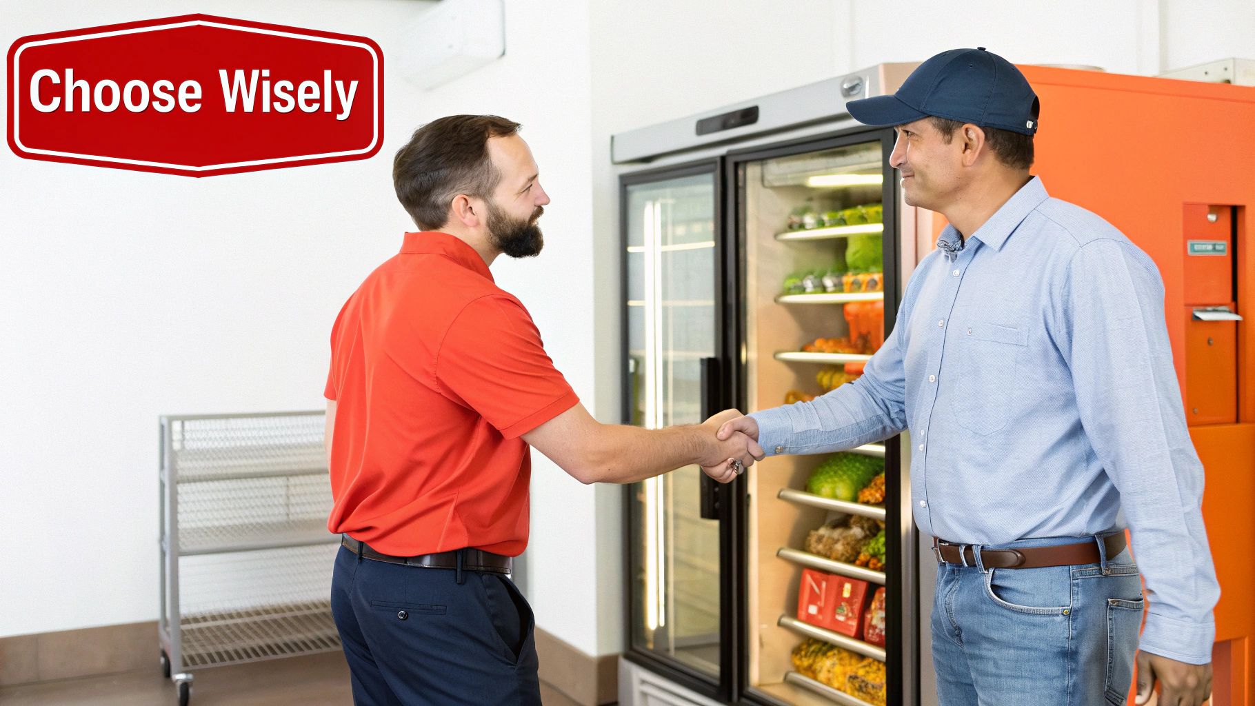 A Guide to Commercial Walk-In Cooler Repair 4 A friendly technician in uniform ready to perform a repair on a commercial walk-in cooler.