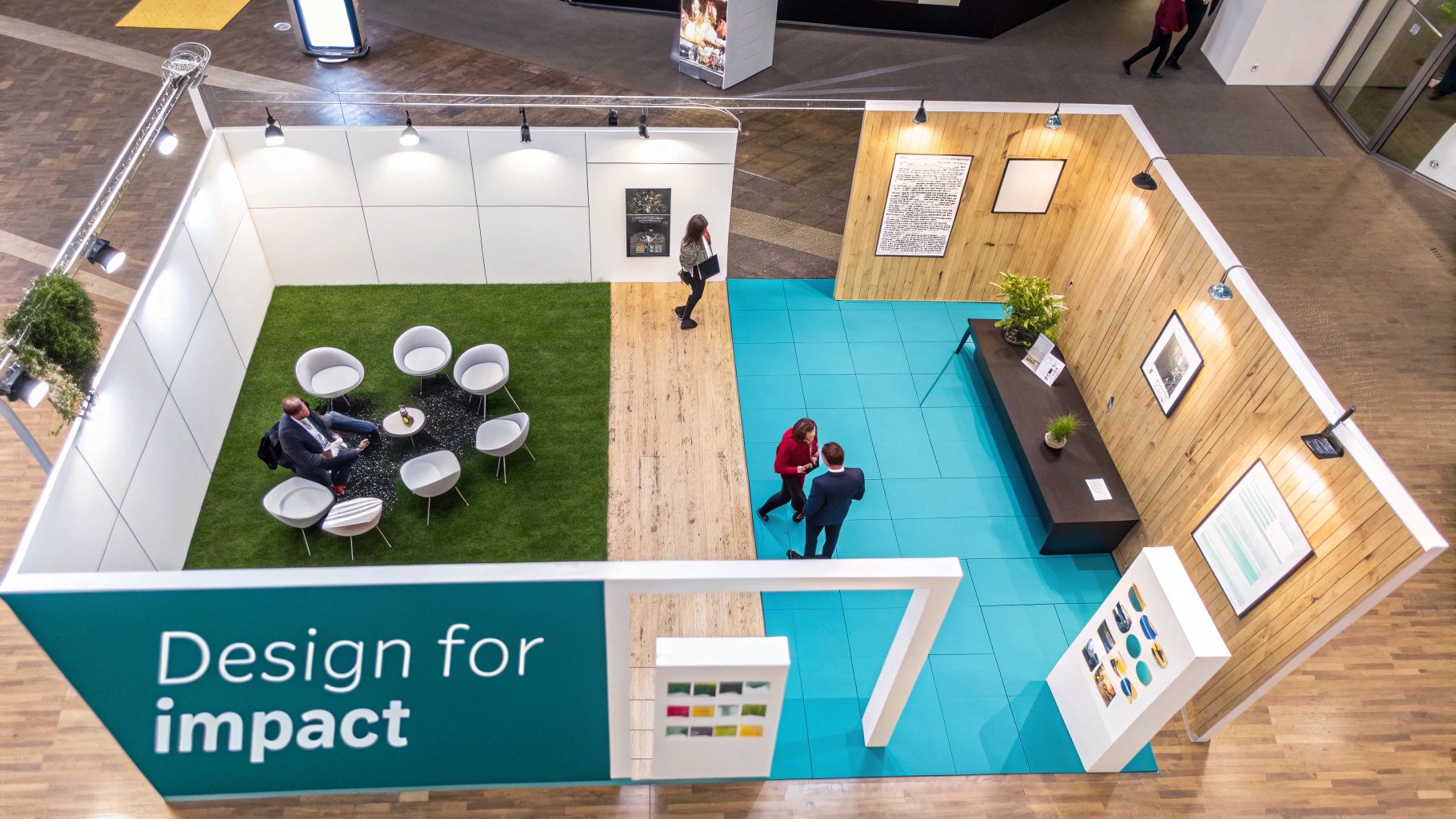 An exhibition stand with bright, impactful lighting and clear graphics.