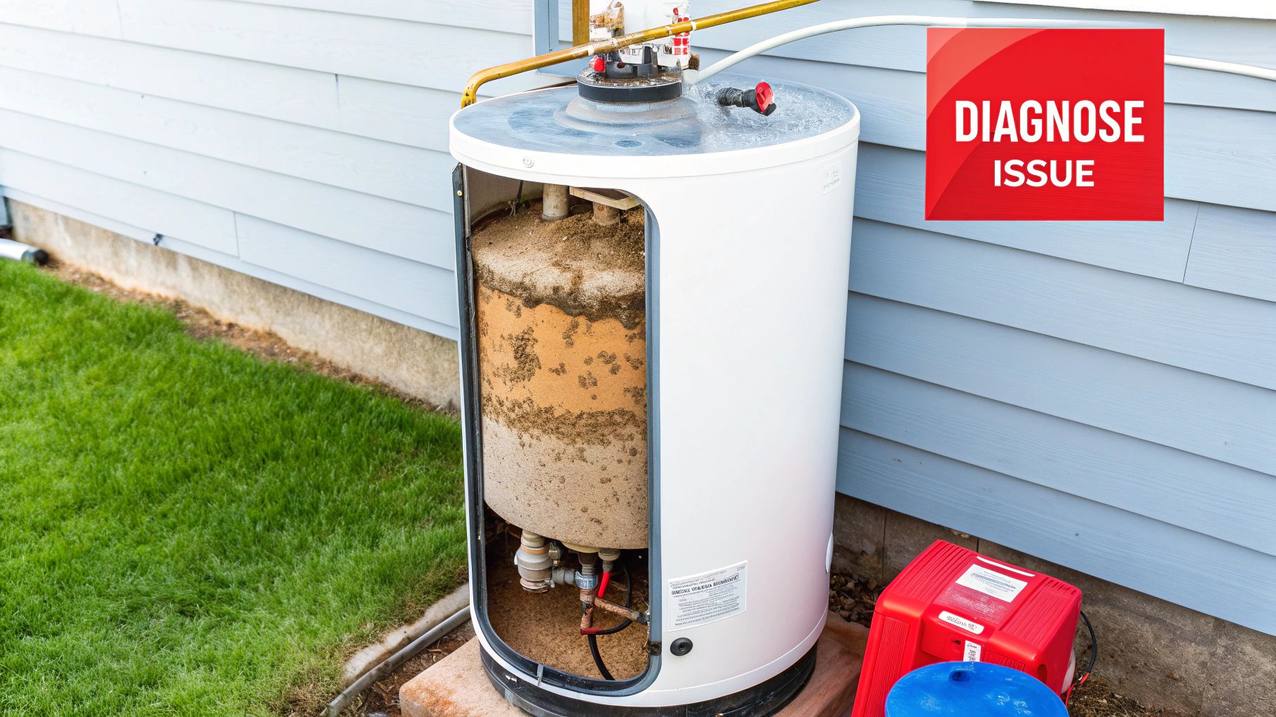 A technician inspects a residential water heater in a garage, pointing a flashlight at the unit's base.