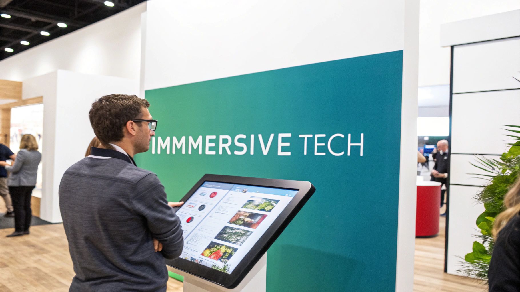 A modern conference booth display featuring integrated digital screens and interactive technology.