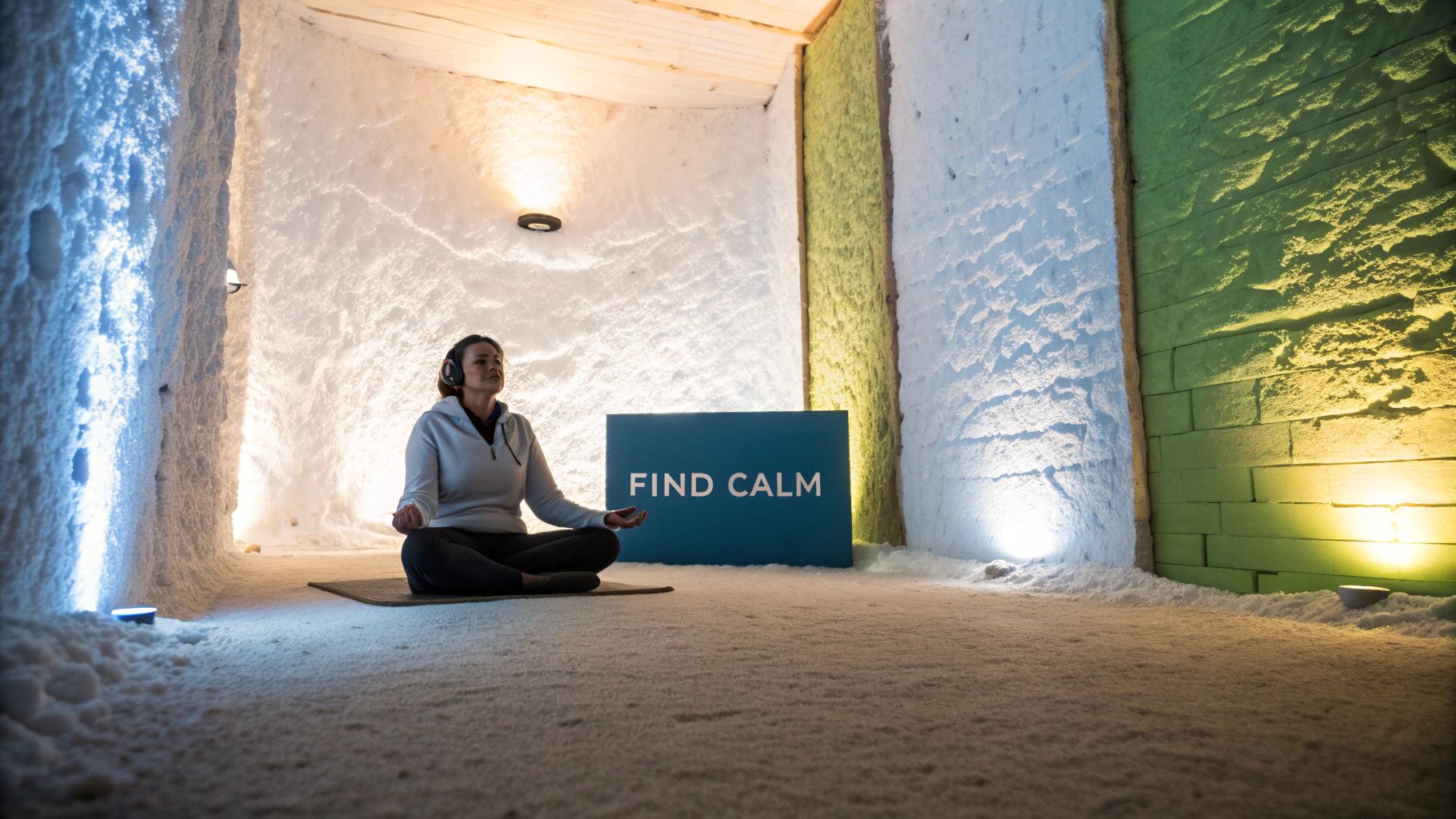 6 Key Benefits of Salt Room Therapy You Need to Know 2 A woman relaxing in a salt room, illustrating stress reduction.