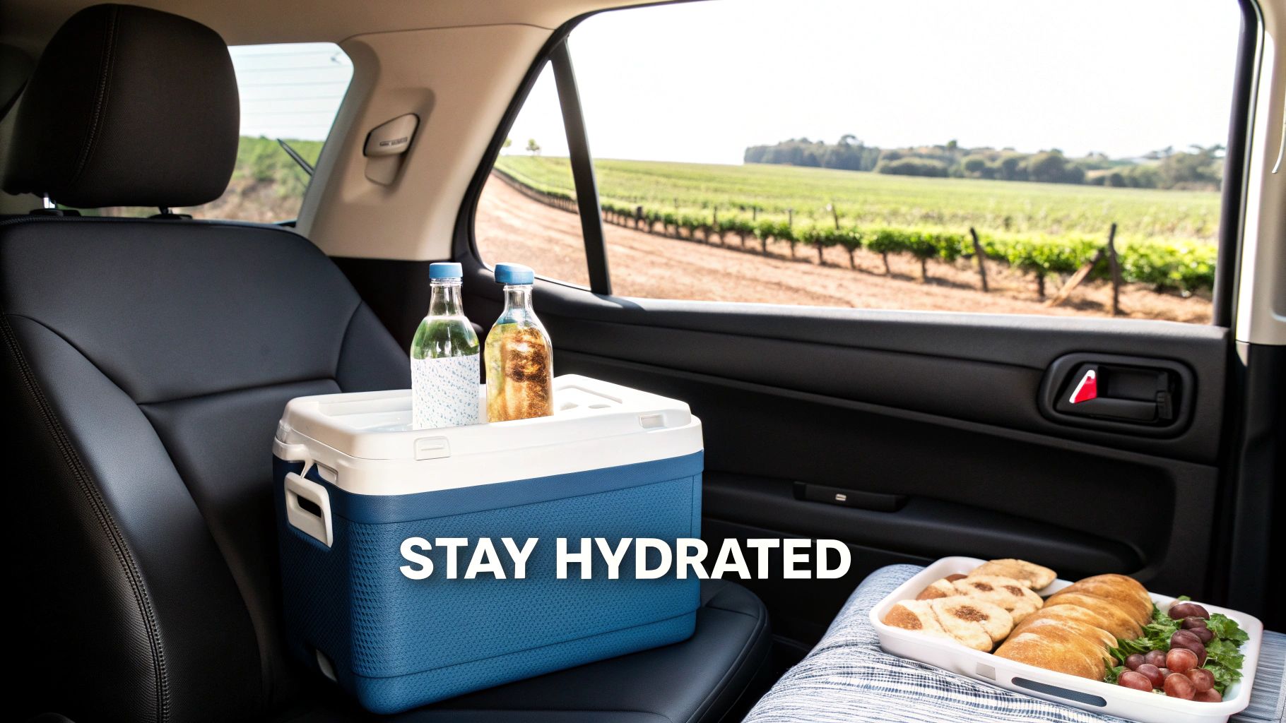 Friends toasting with wine glasses at a vineyard on a sunny day.