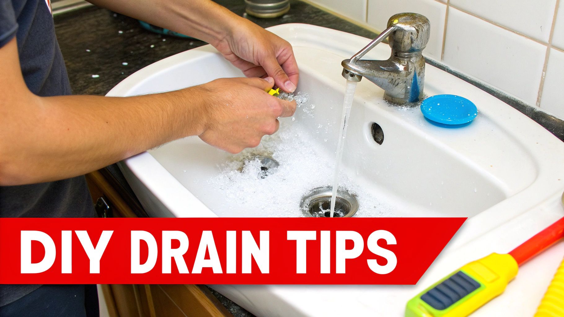 Woman looking into a sink drain with a flashlight, ready to apply a DIY cleaning solution