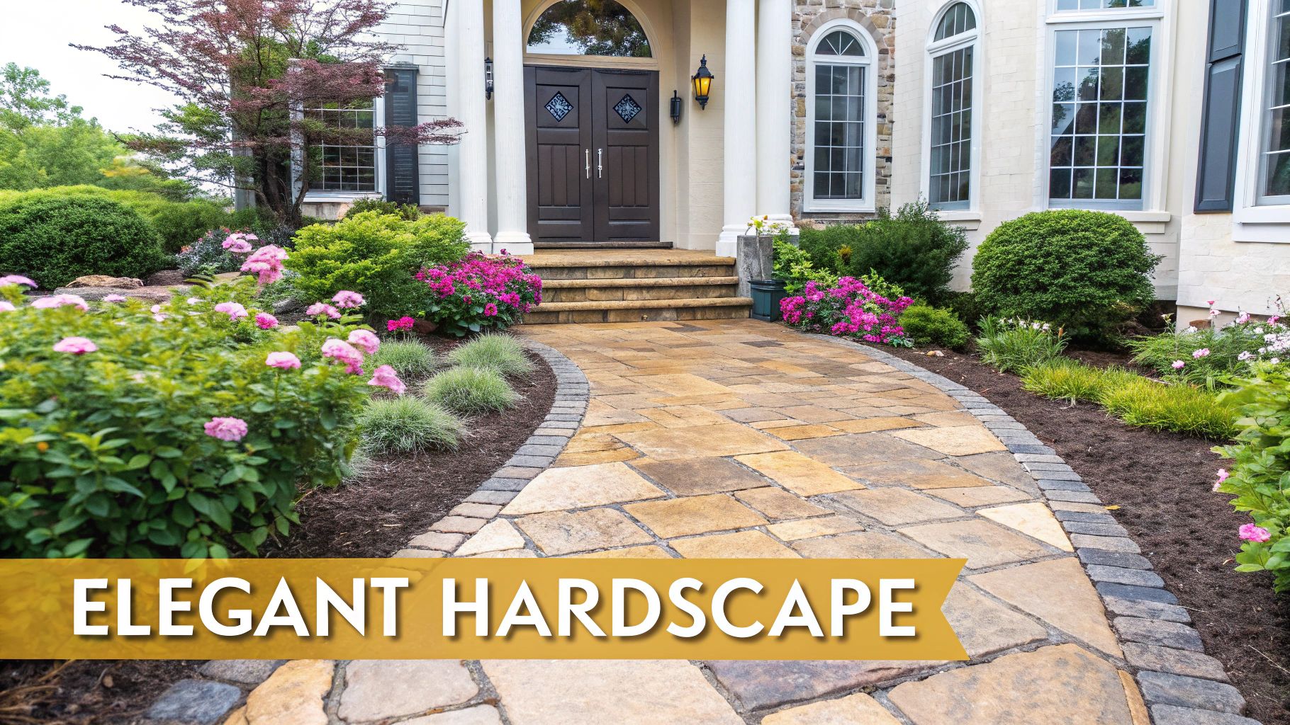 A winding natural stone walkway leading through a manicured garden to a home's front porch.