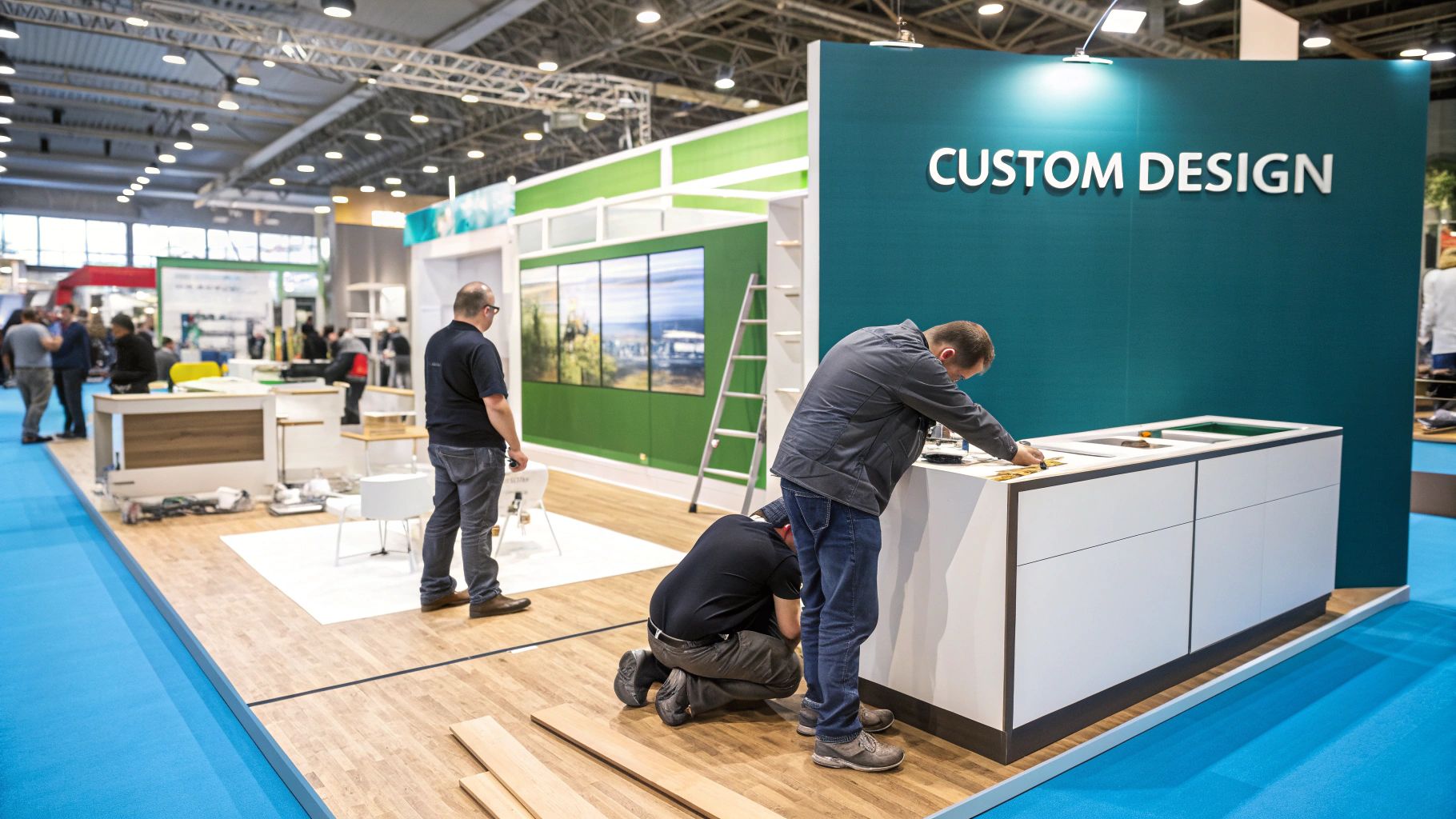 A team of professionals collaborating on a custom exhibit blueprint in a modern office.