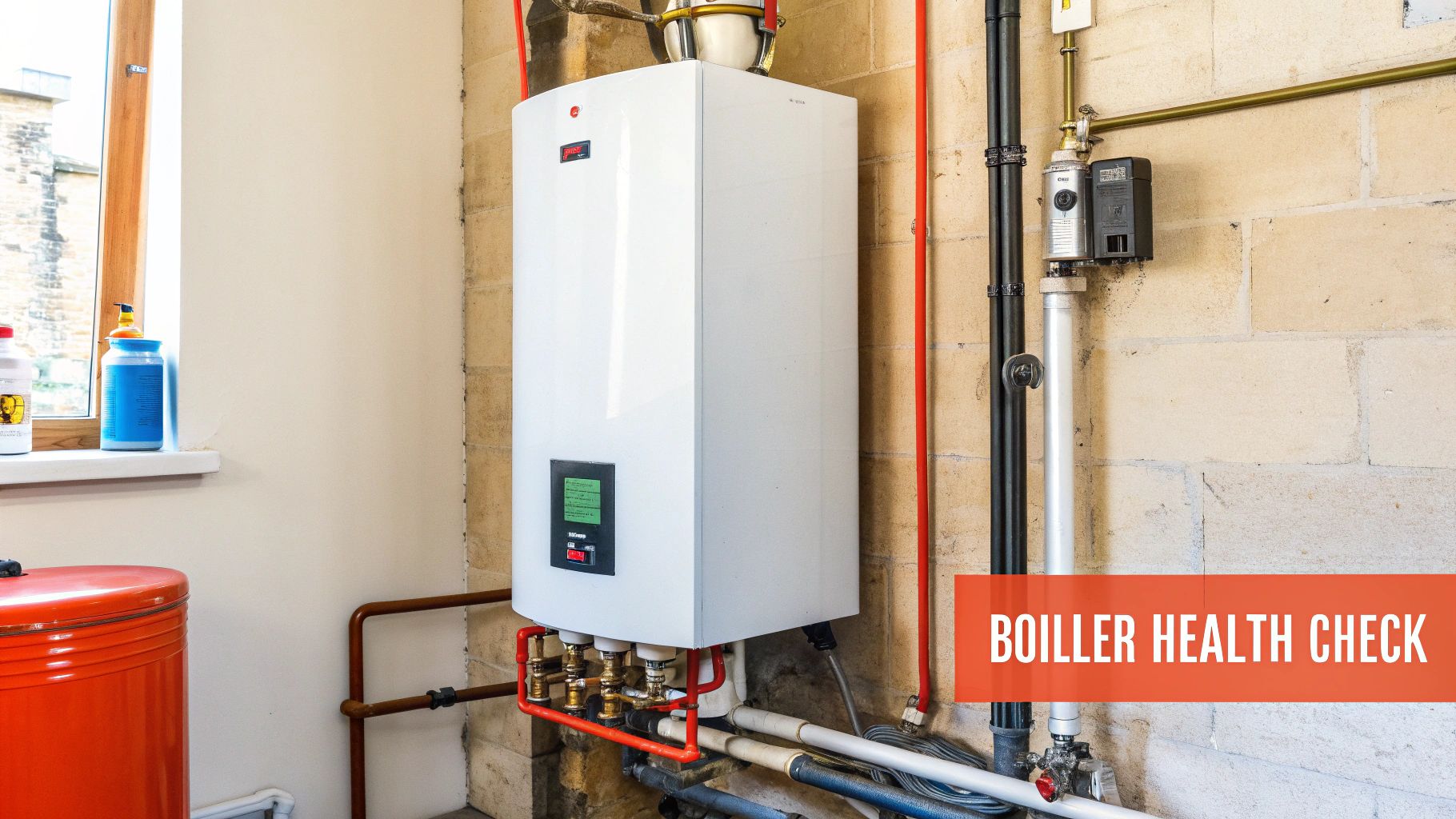 A heating engineer performing a boiler service with tools.