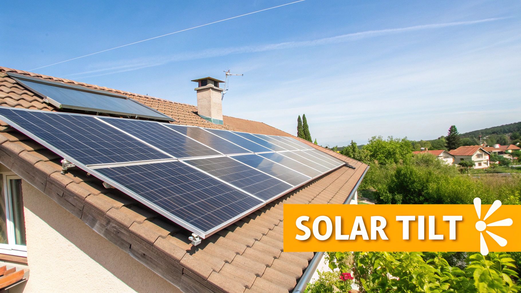 A large array of solar panels installed on a residential roof, perfectly angled towards the sun.