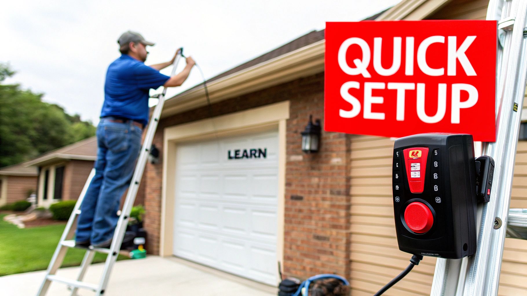 A person's hand holding a garage door remote and pressing a button, with a residential garage door in the background.