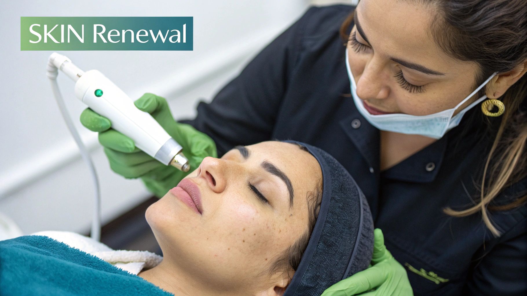 A professional esthetician performing a photofacial on a client in a spa setting.