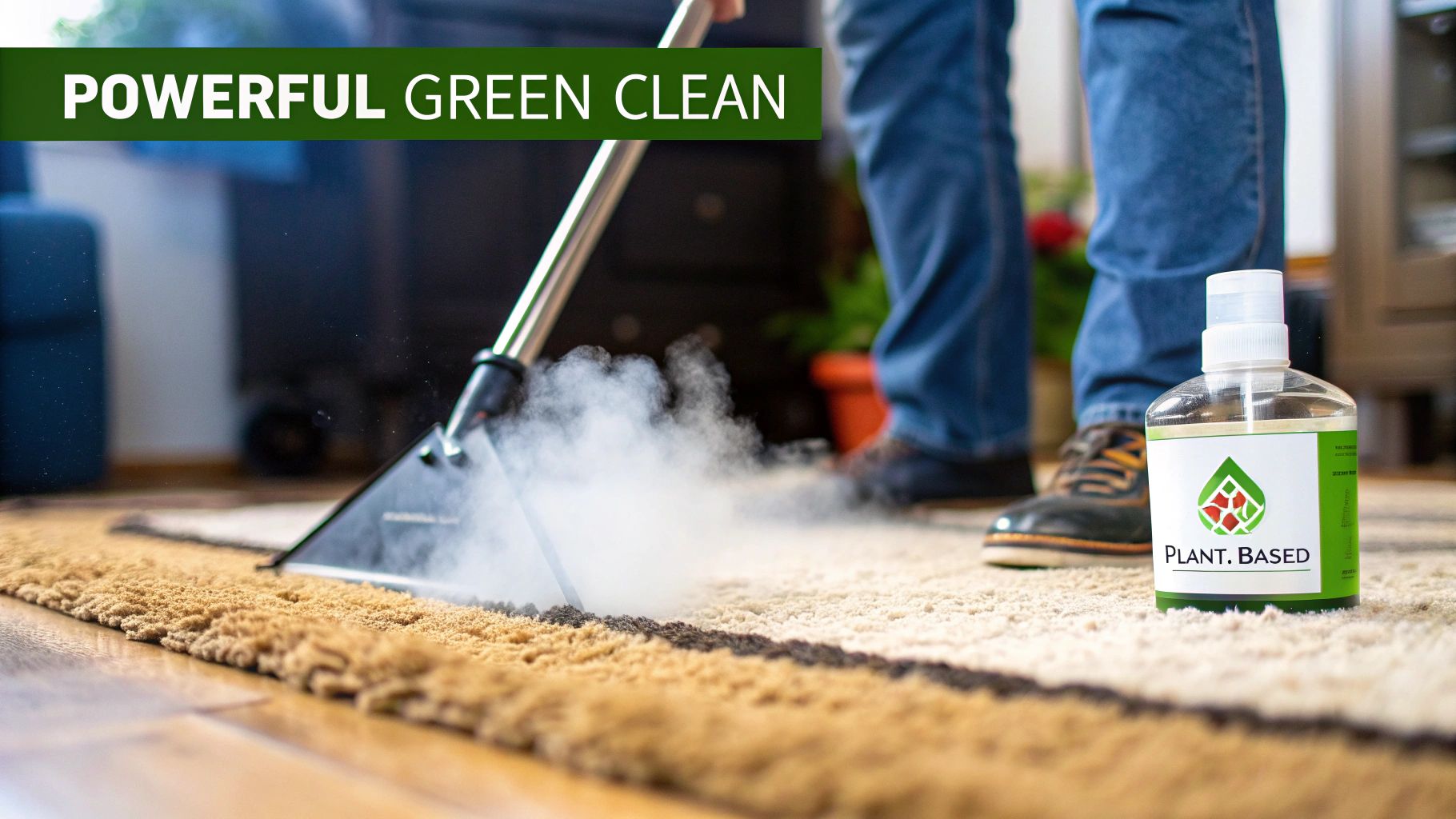 A professional technician steam cleaning a light-colored carpet in a living room.