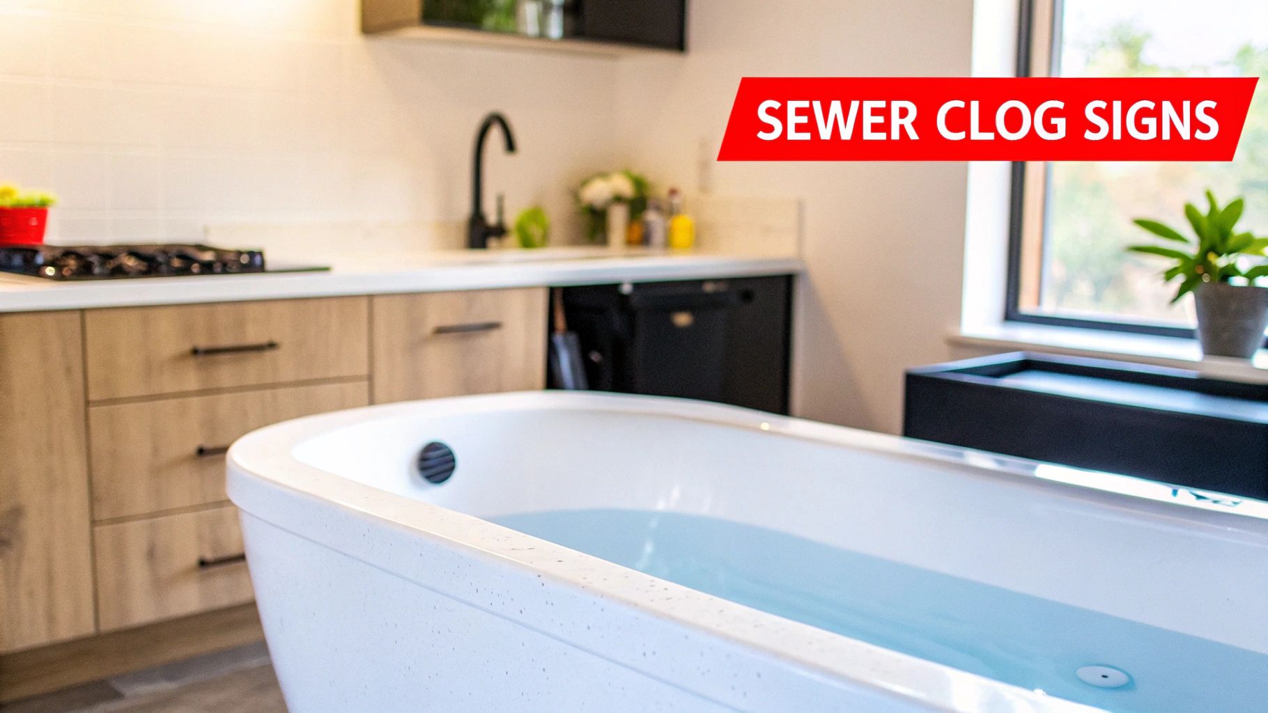 Clogged sewer pipe with debris buildup.