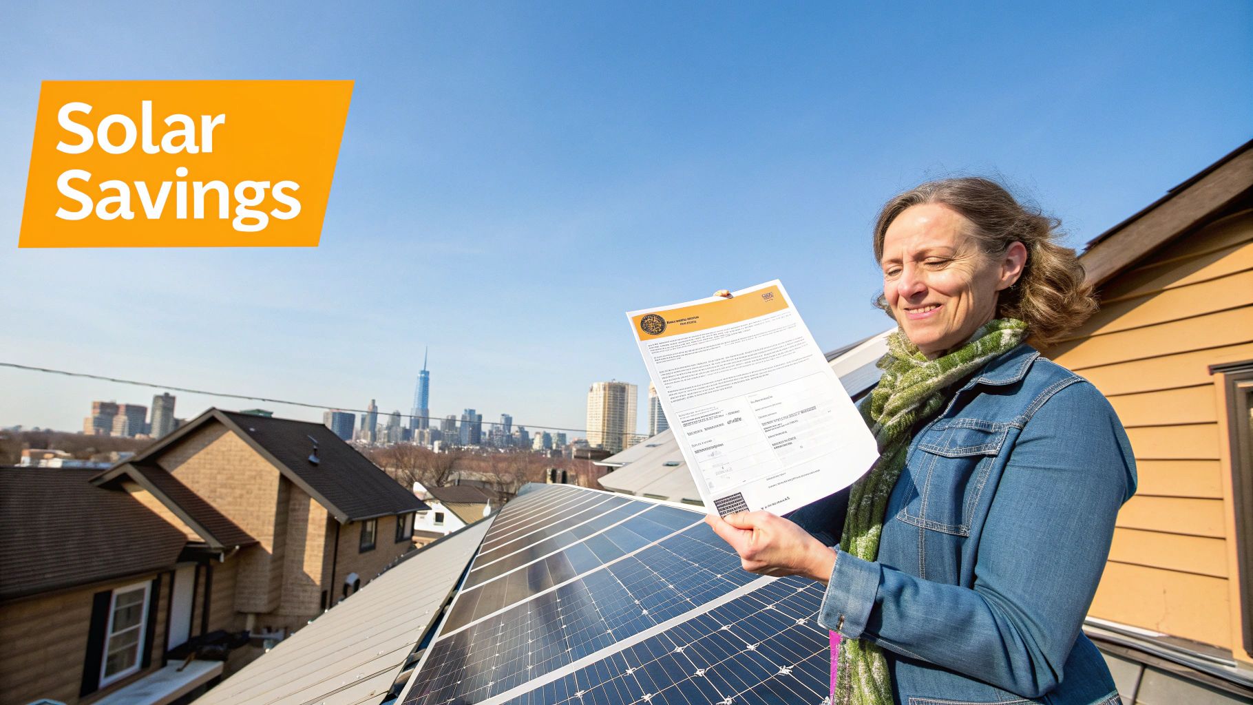 A family smiling in front of their home with solar panels, representing energy independence.