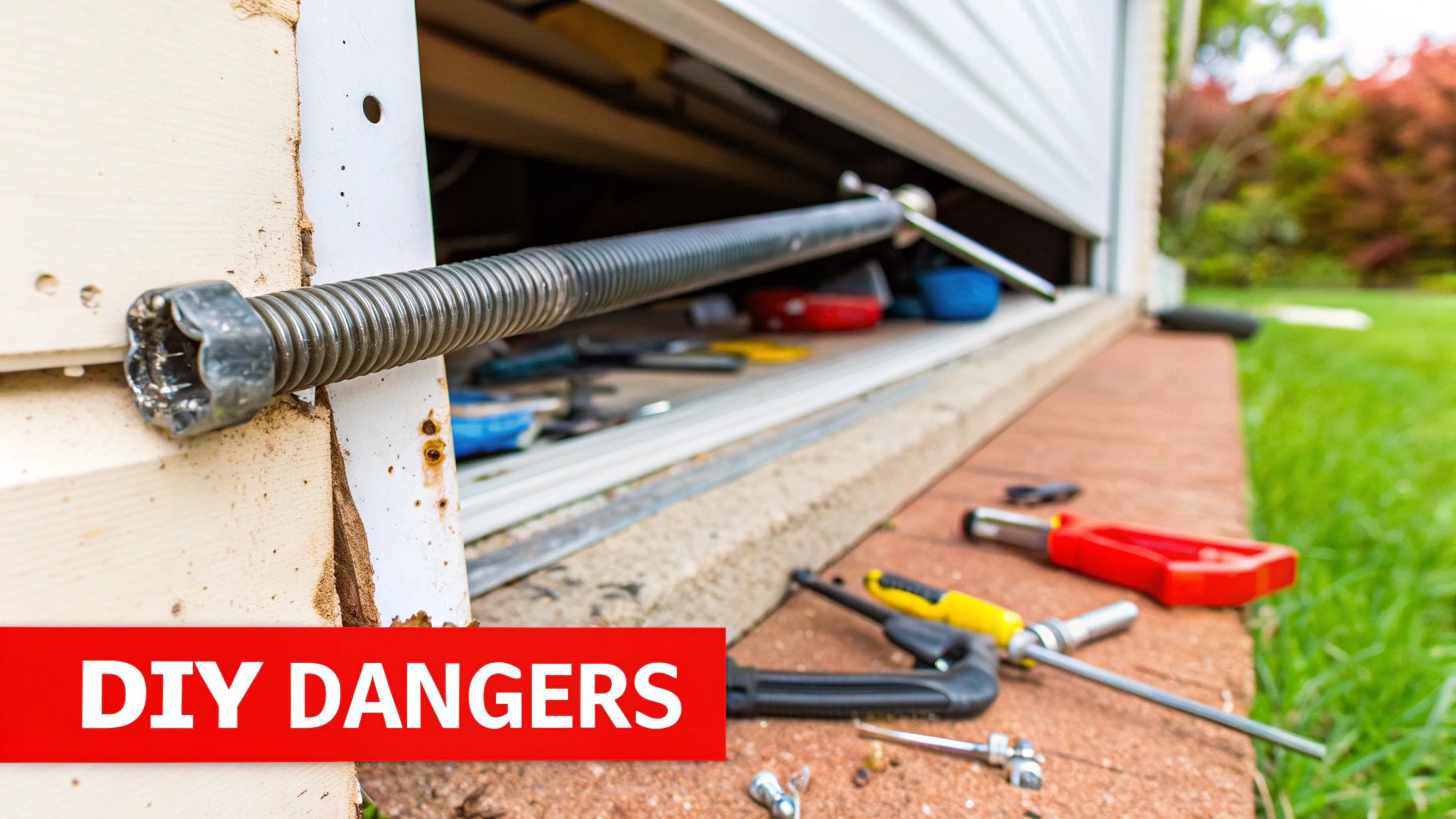 A technician wearing safety glasses carefully works on a garage door torsion spring system.