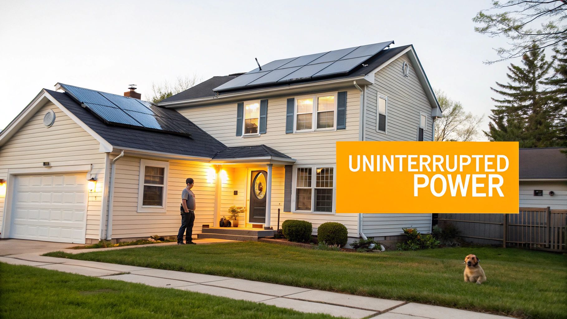 Solar panels on a residential roof with a clear blue sky.