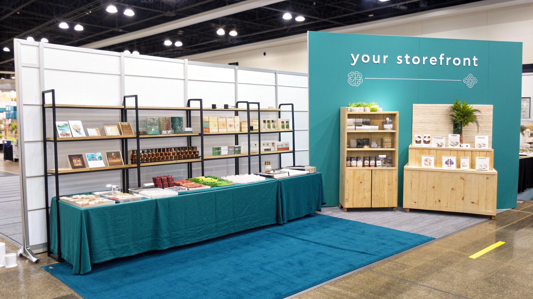 A well-organized craft show booth featuring wooden display shelves with various handmade products.