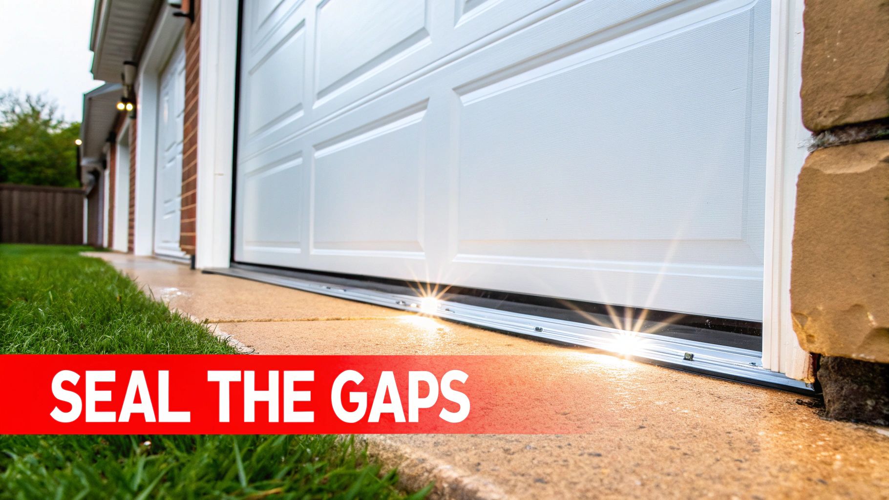 A close-up of weatherstripping along the bottom of a garage door, showing a tight seal against the concrete floor.