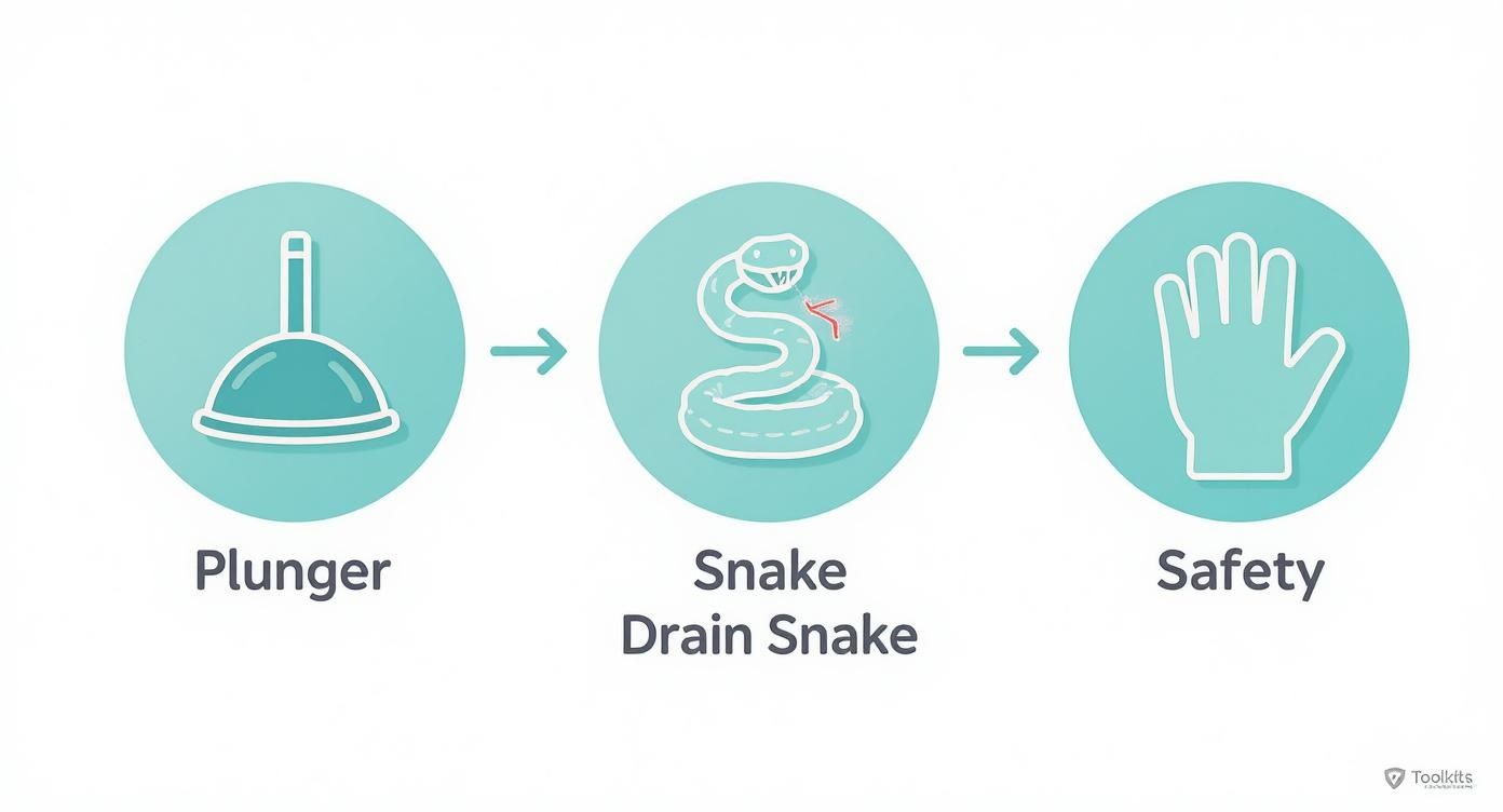 Infographic showing a 3-step process flow for a DIY toolkit with icons for a plunger, a drain snake, and safety gloves.