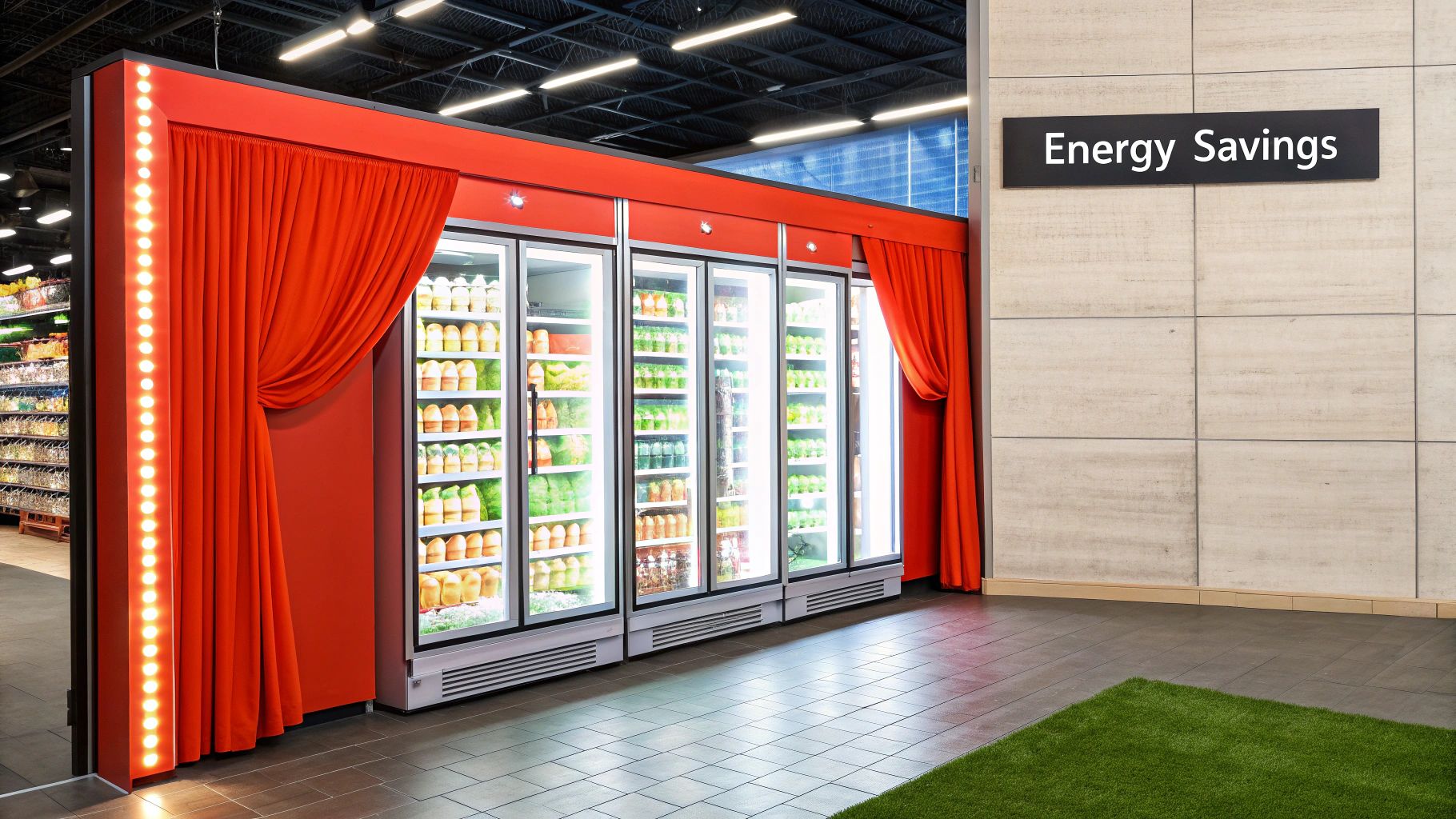 An employee installing strip curtains on a walk-in freezer door.