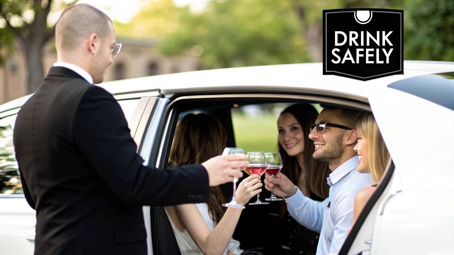A white limousine parked in front of a Long Island vineyard with guests enjoying themselves