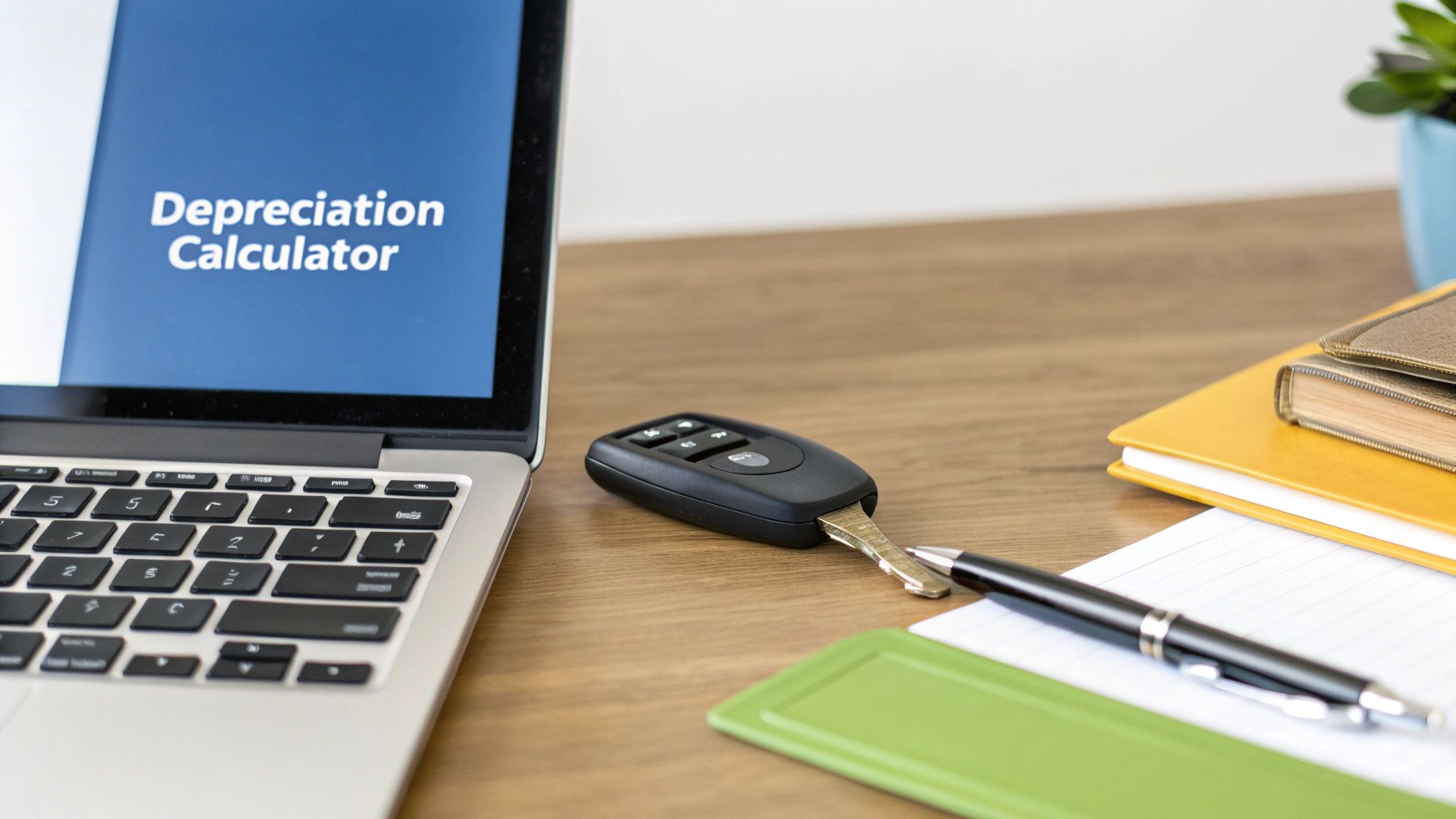 A woman uses a laptop and calculator to review financial documents related to her vehicle.