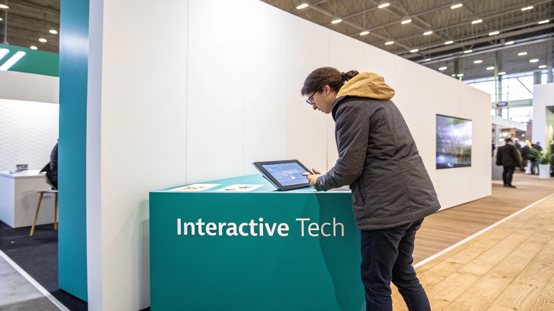 A modern exhibition stand with integrated digital screens and bright lighting.