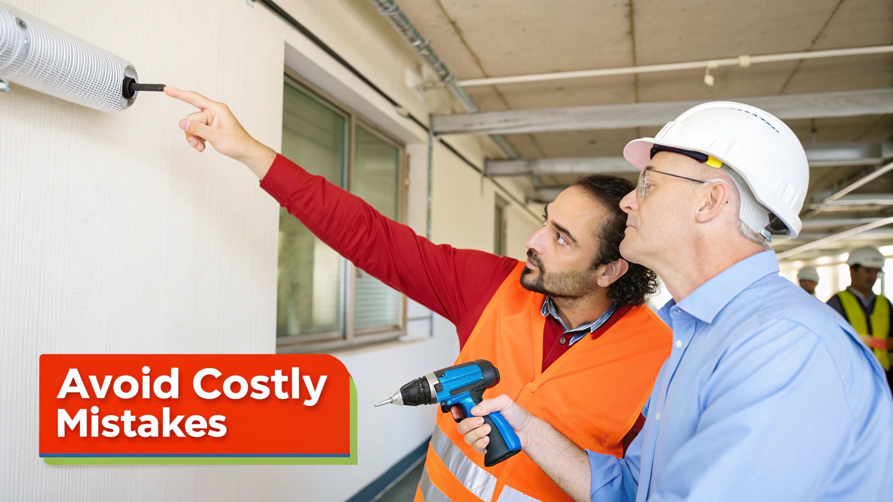 An HVAC technician inspecting ductwork connections in a commercial ceiling.