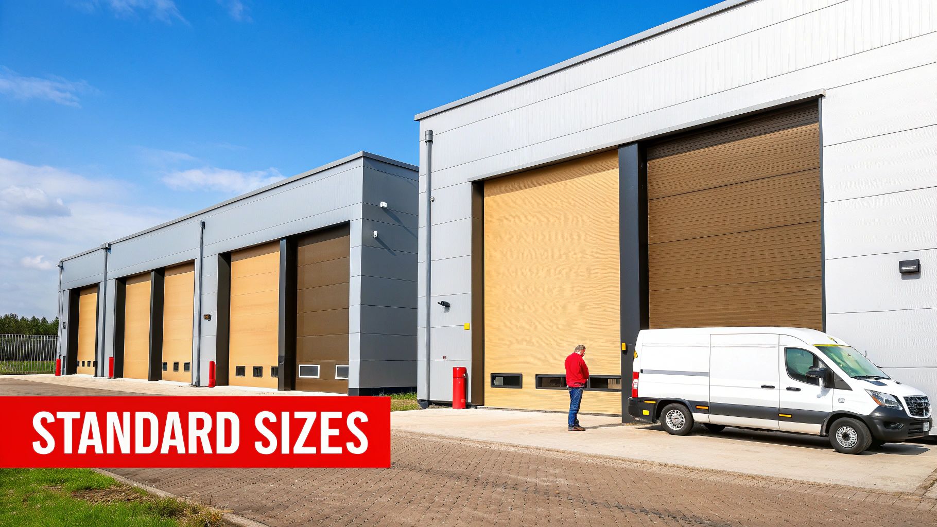 A modern warehouse with several large commercial overhead doors, illustrating the importance of correct sizing.