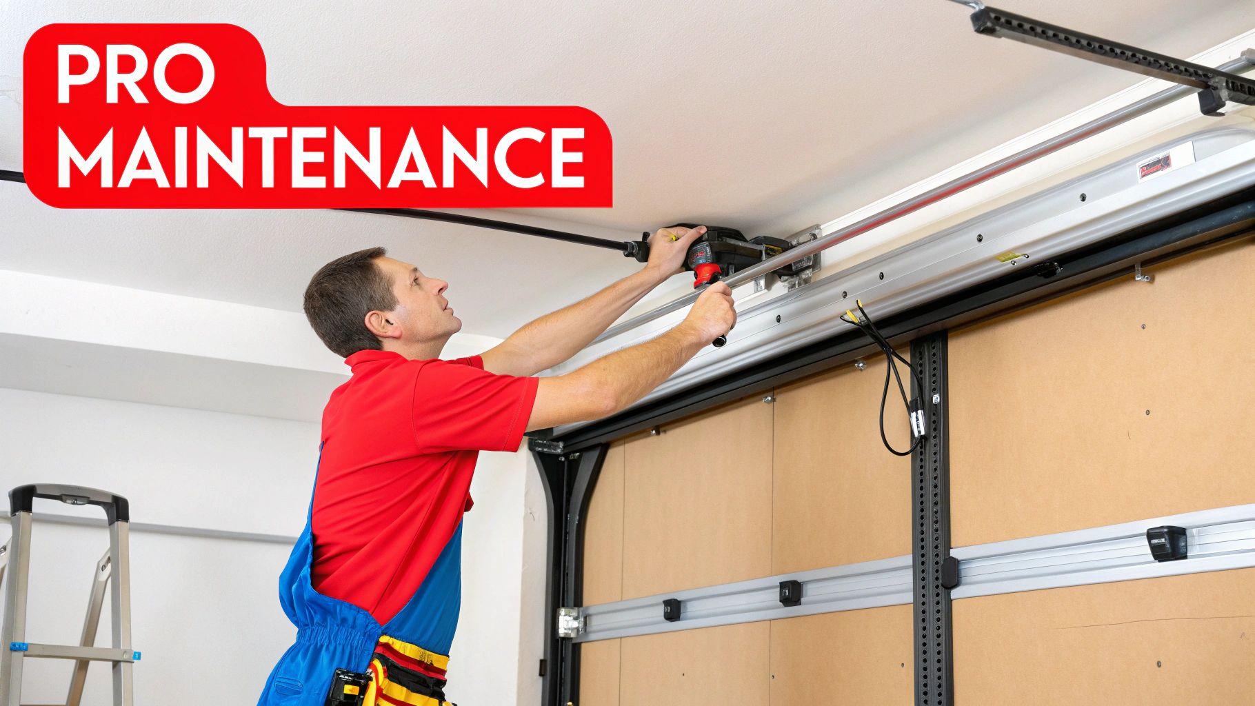 A technician performing maintenance on an overhead garage door opener.