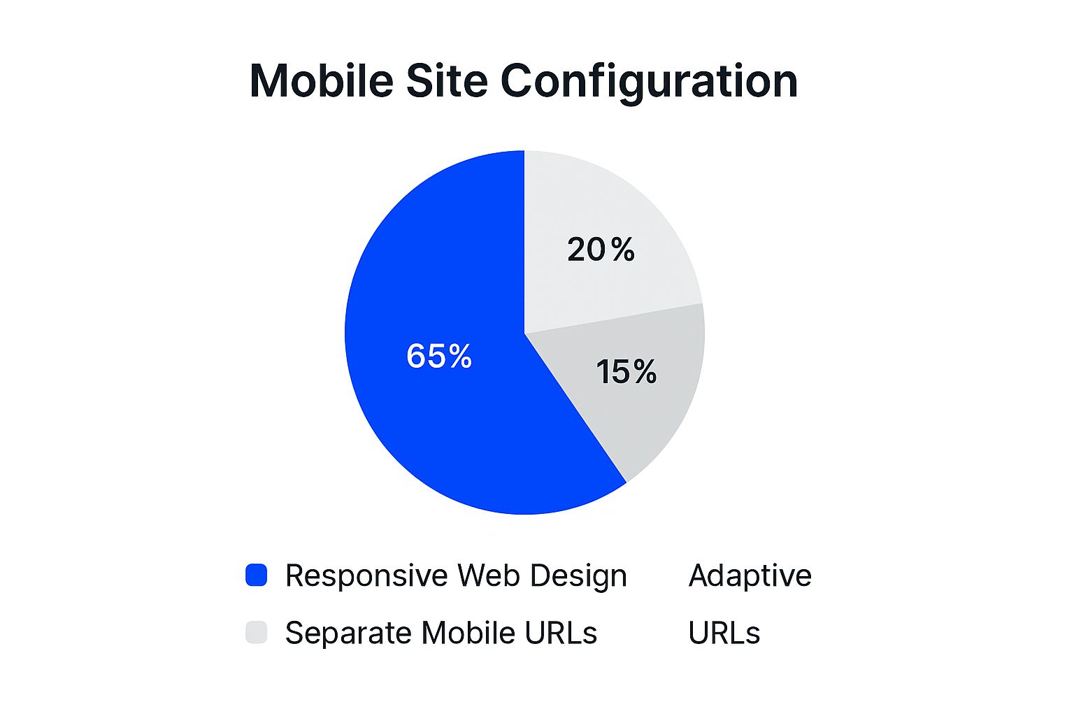 Infographic showing the proportion of mobile site configuration approaches: Responsive Web Design – 65%, Adaptive Design – 20%, Separate Mobile URLs – 15%