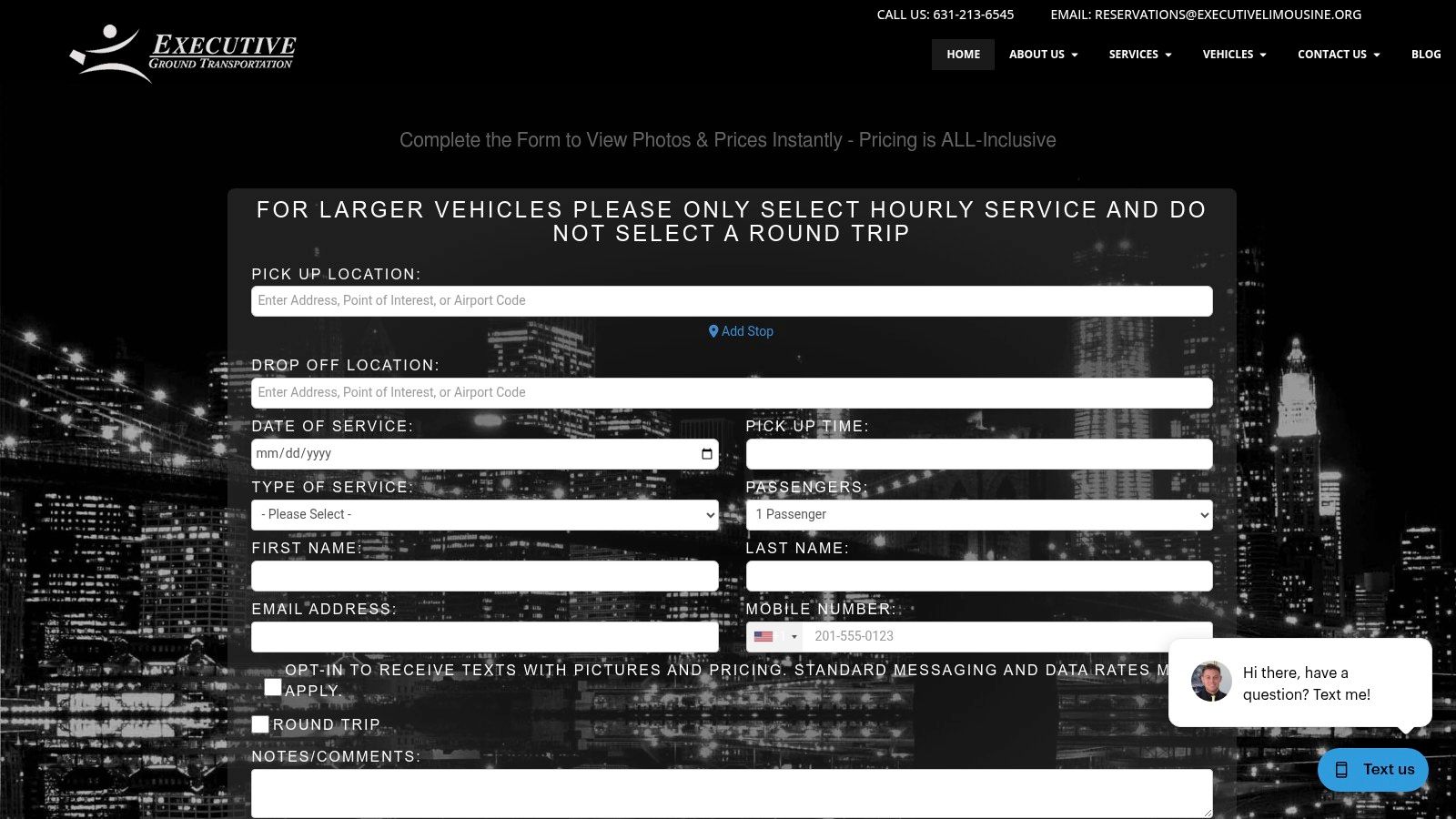 Executive Limousine's website homepage showcasing their luxury vehicle fleet.