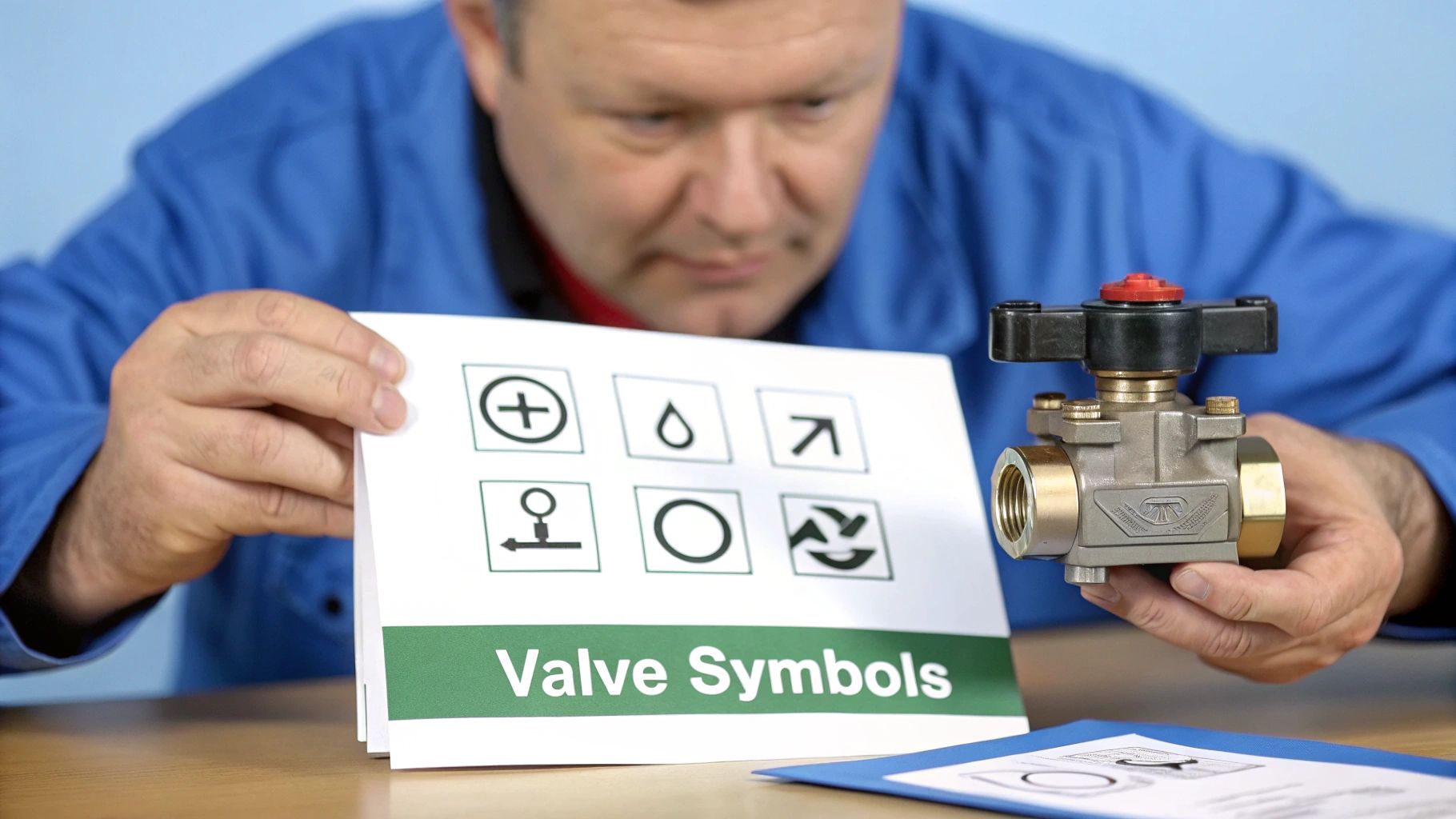 A man holds a paper displaying various valve symbols and a brass valve, explaining components.