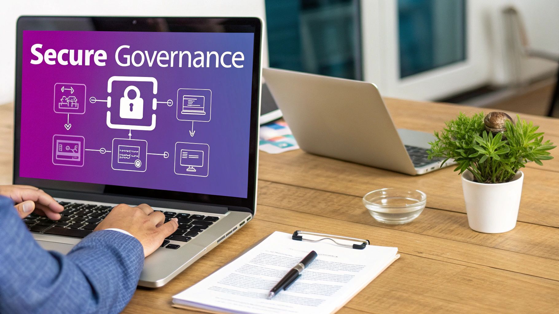 Hands typing on a laptop displaying a 'Secure Governance' concept with a central padlock icon.