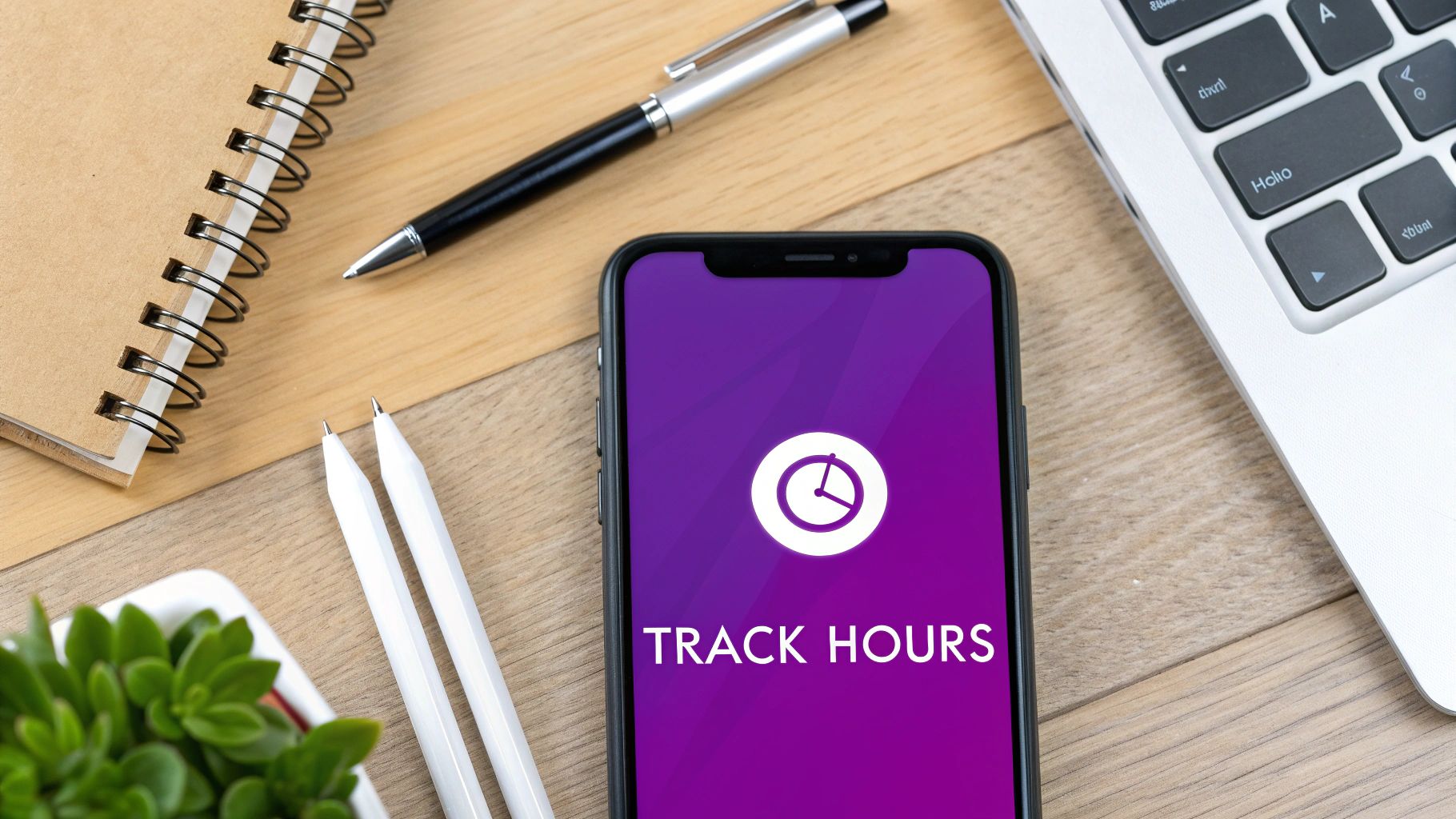 Flat lay of a desk with a smartphone displaying a 'TRACK HOURS' app, alongside a notebook, pens, and a laptop.