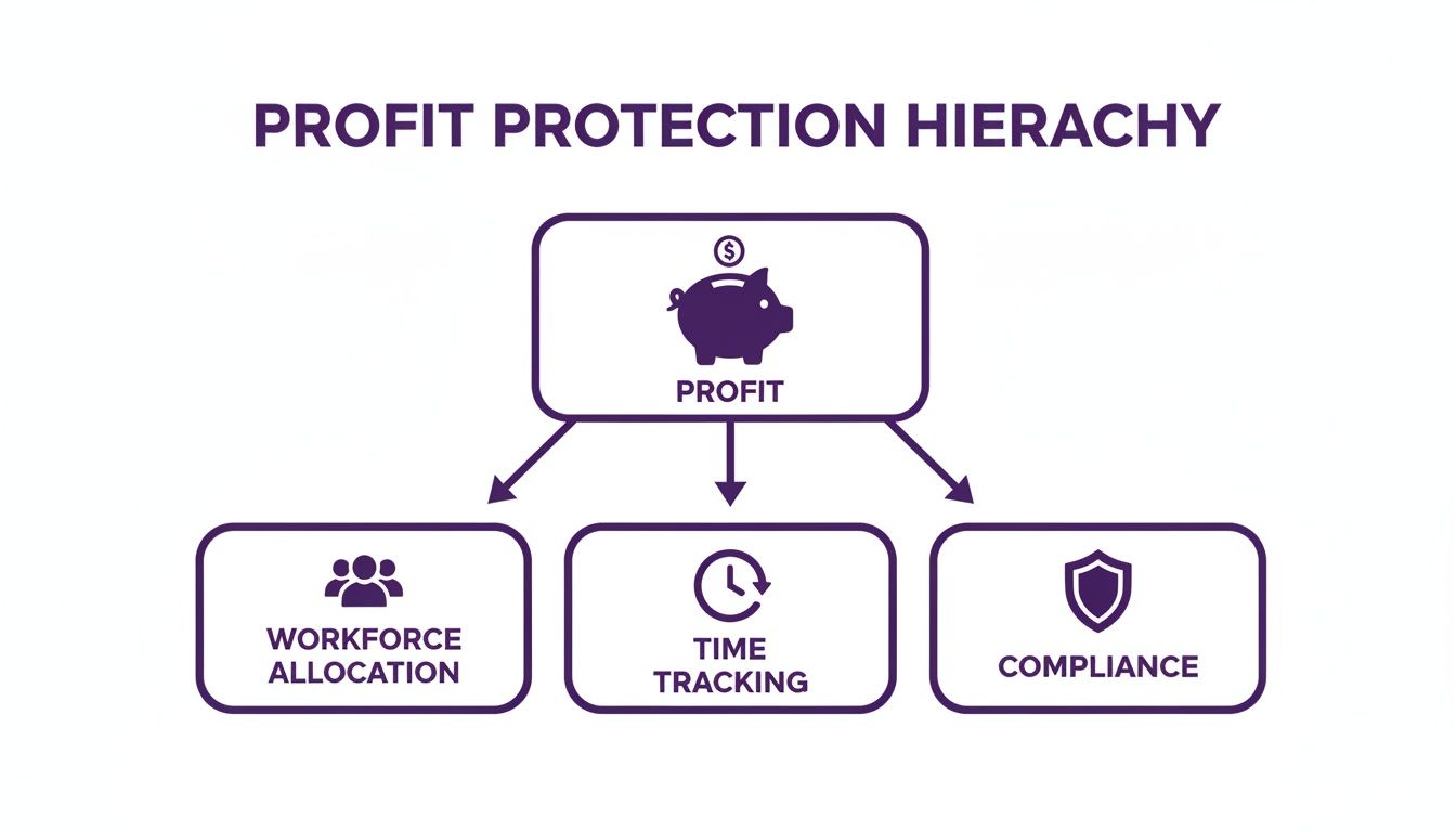 A diagram illustrating the profit protection hierarchy with profit at the top, supported by workforce allocation, time tracking, and compliance.