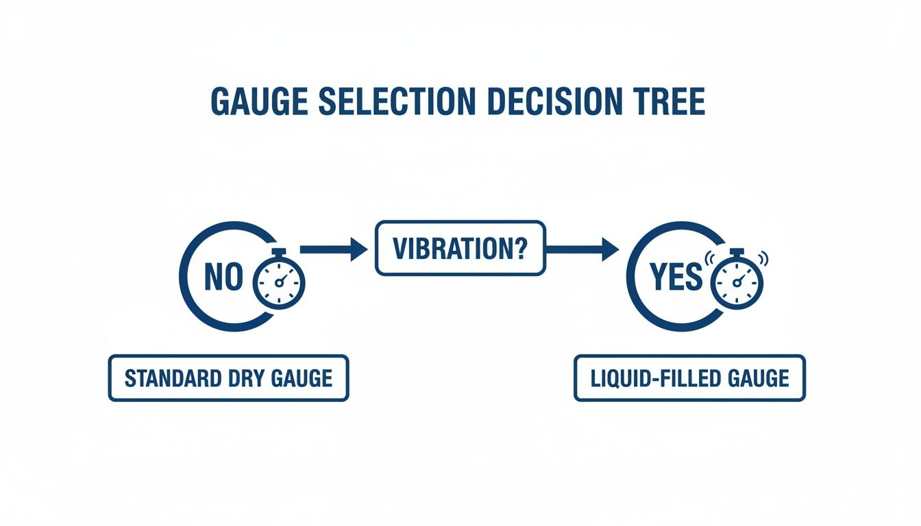 A decision tree shows selecting a standard dry gauge for no vibration or a liquid-filled gauge for vibration.