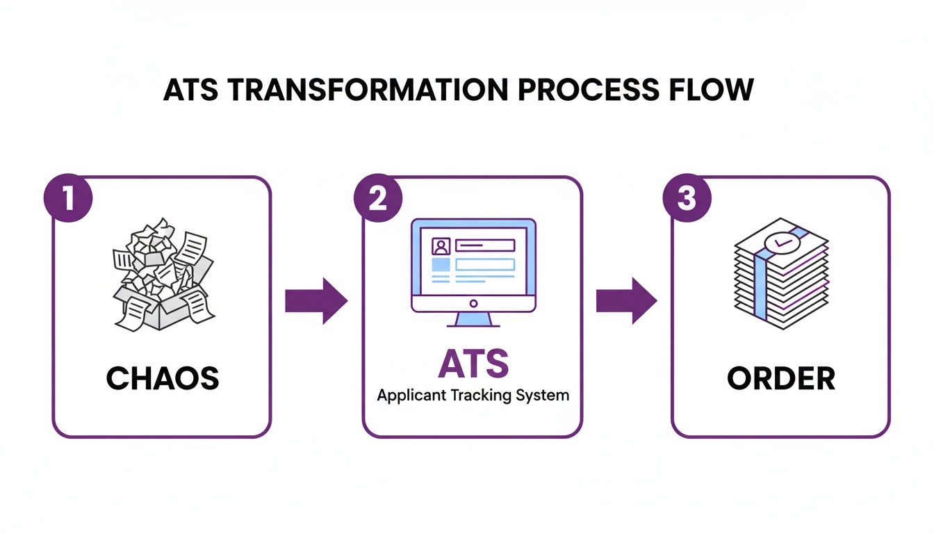 Process flow illustrating ATS transformation, moving from chaotic paper documents to organised records with an Applicant Tracking System.