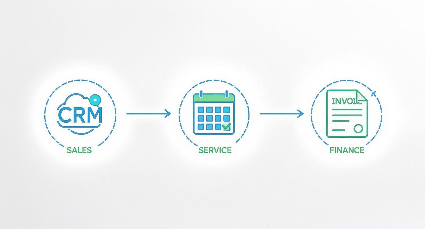 An infographic showing the process flow of FSM integration from sales (CRM), to service (scheduling), to finance (invoicing).