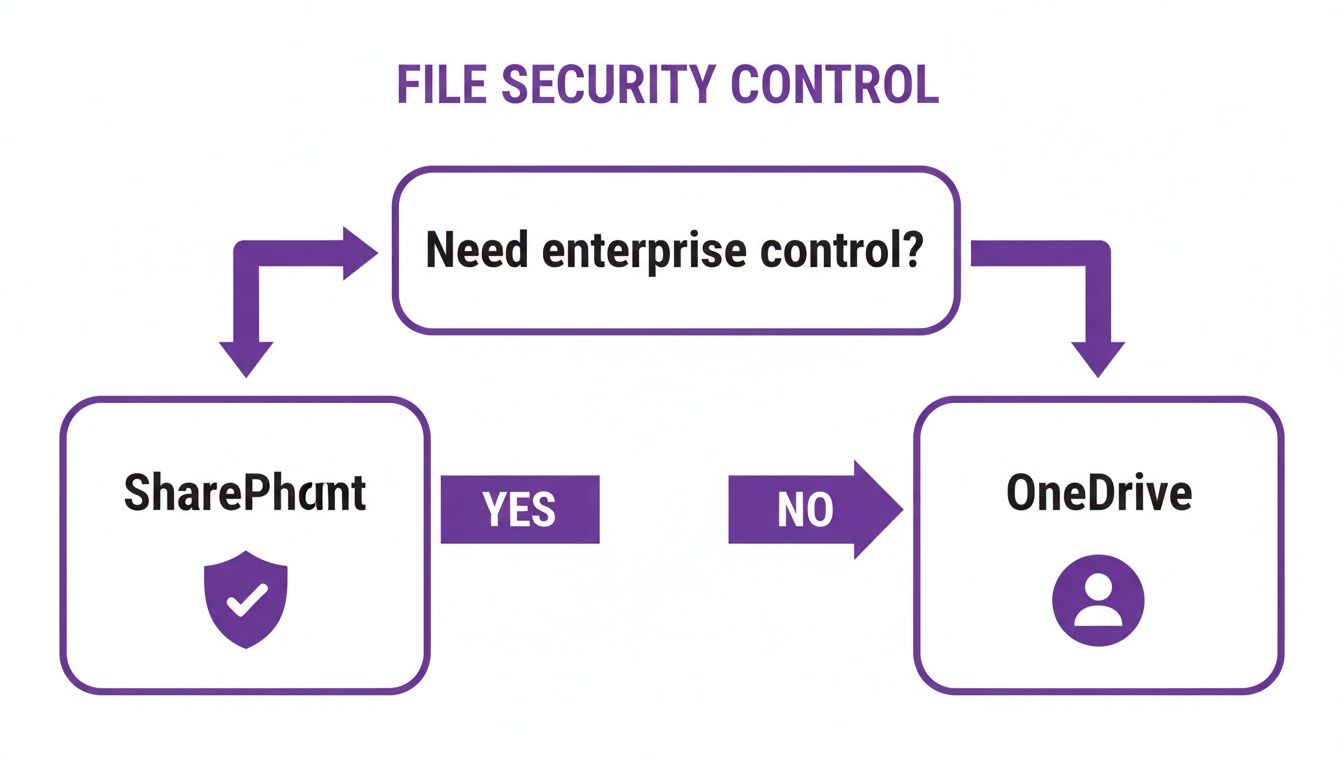 Flowchart detailing file security control, comparing SharePoint for enterprise needs and OneDrive for personal use.