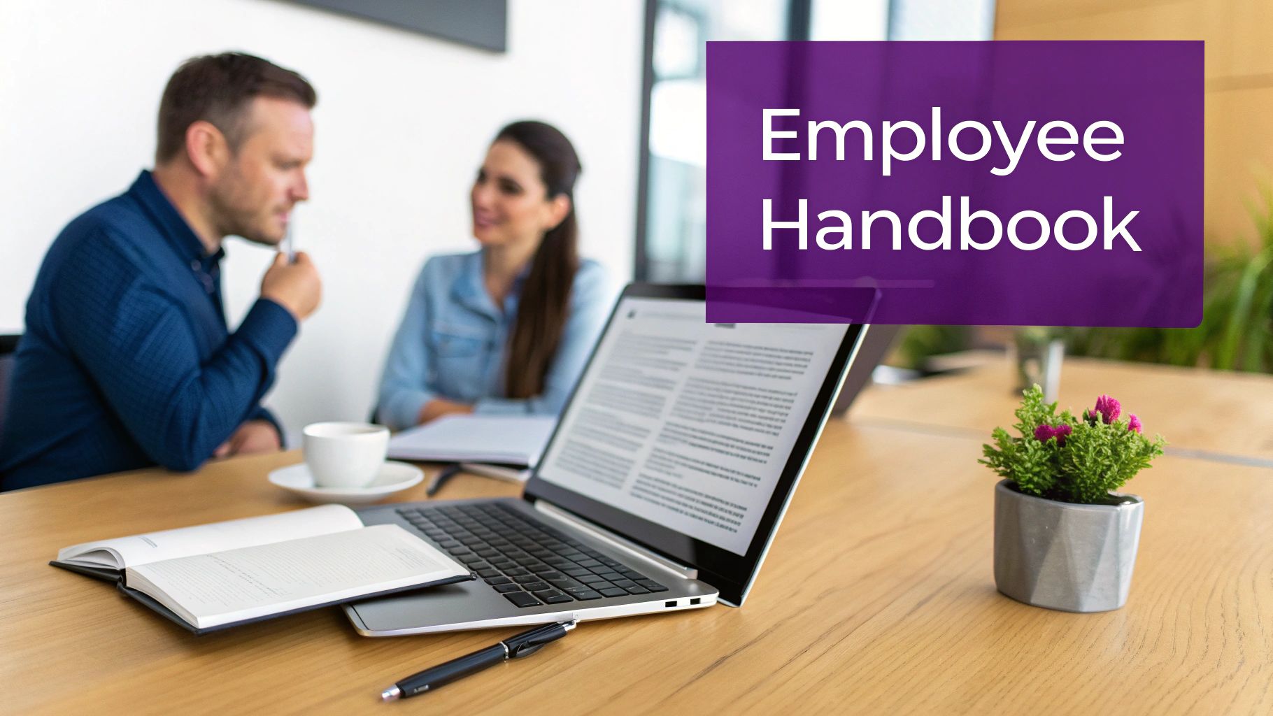 Two professionals reviewing employee handbook document on laptop in modern office setting