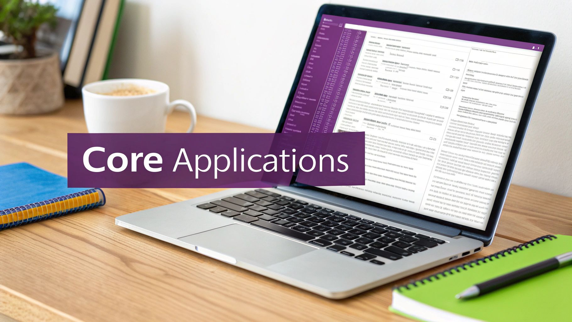 Laptop on a wooden desk displaying a business application with 'Core Applications' overlay.
