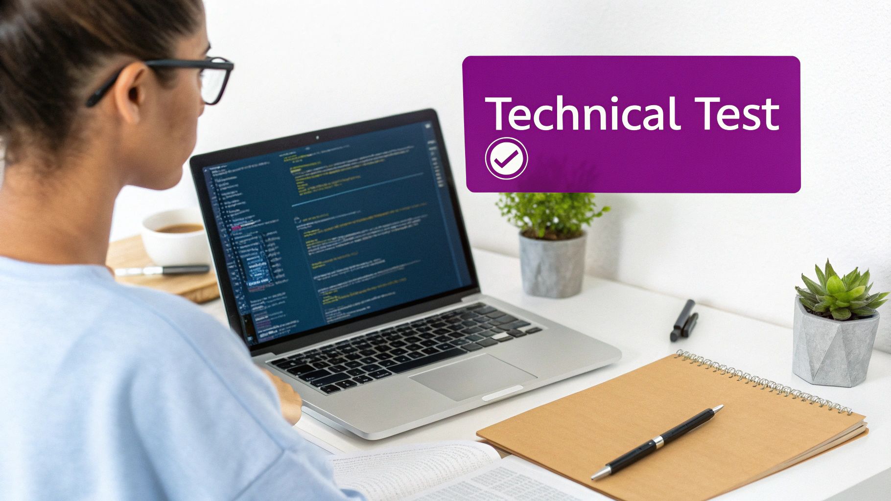 A woman in glasses codes on a laptop during a technical test, with plants and a notebook on the desk.