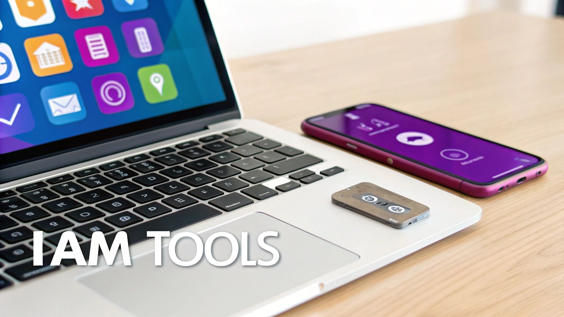 A laptop with various app icons, a smartphone showing a purple interface, and a security key, highlighting IAM tools.