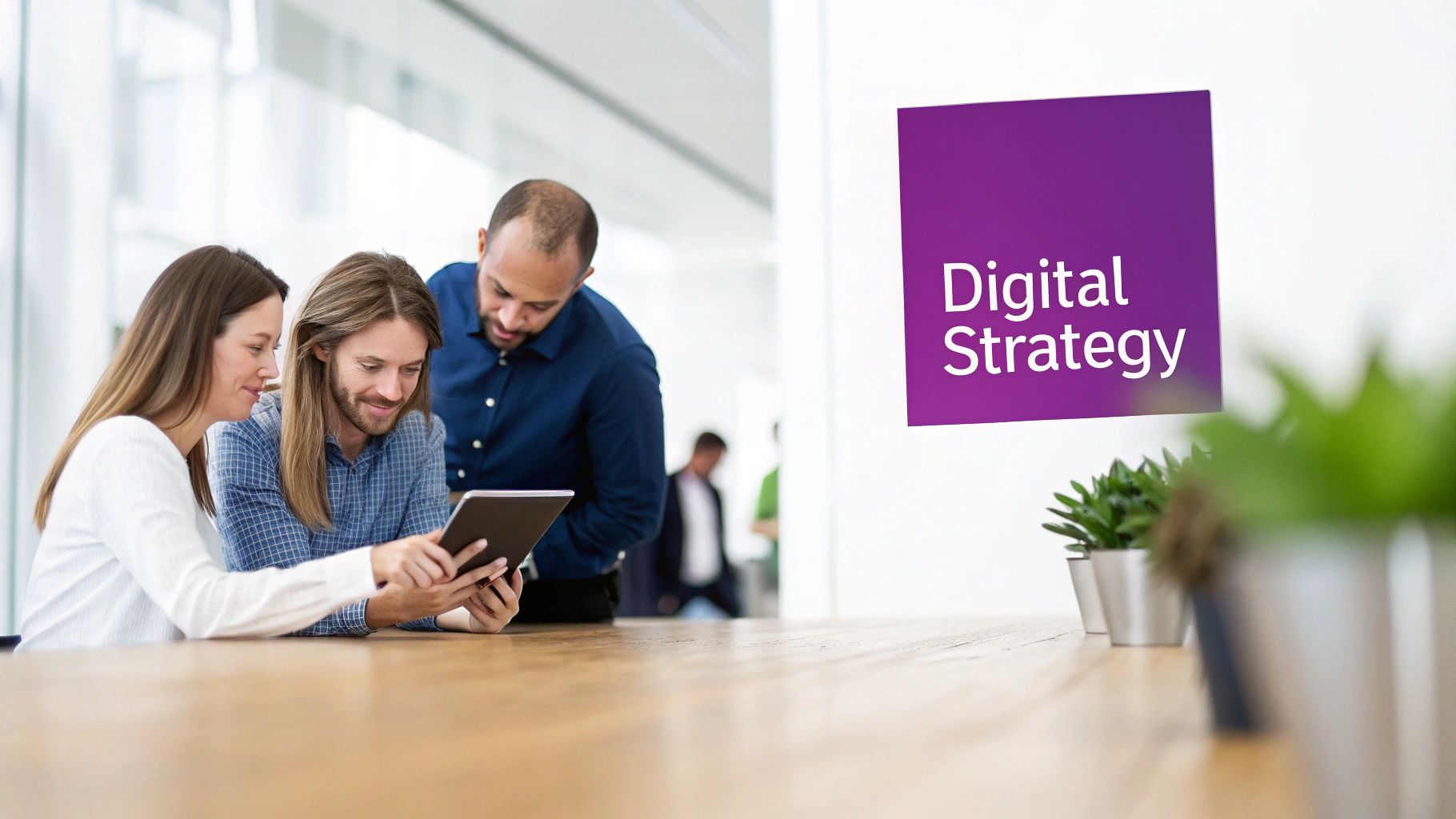 Three colleagues collaborating on a digital tablet, with a "Digital Strategy" sign nearby.