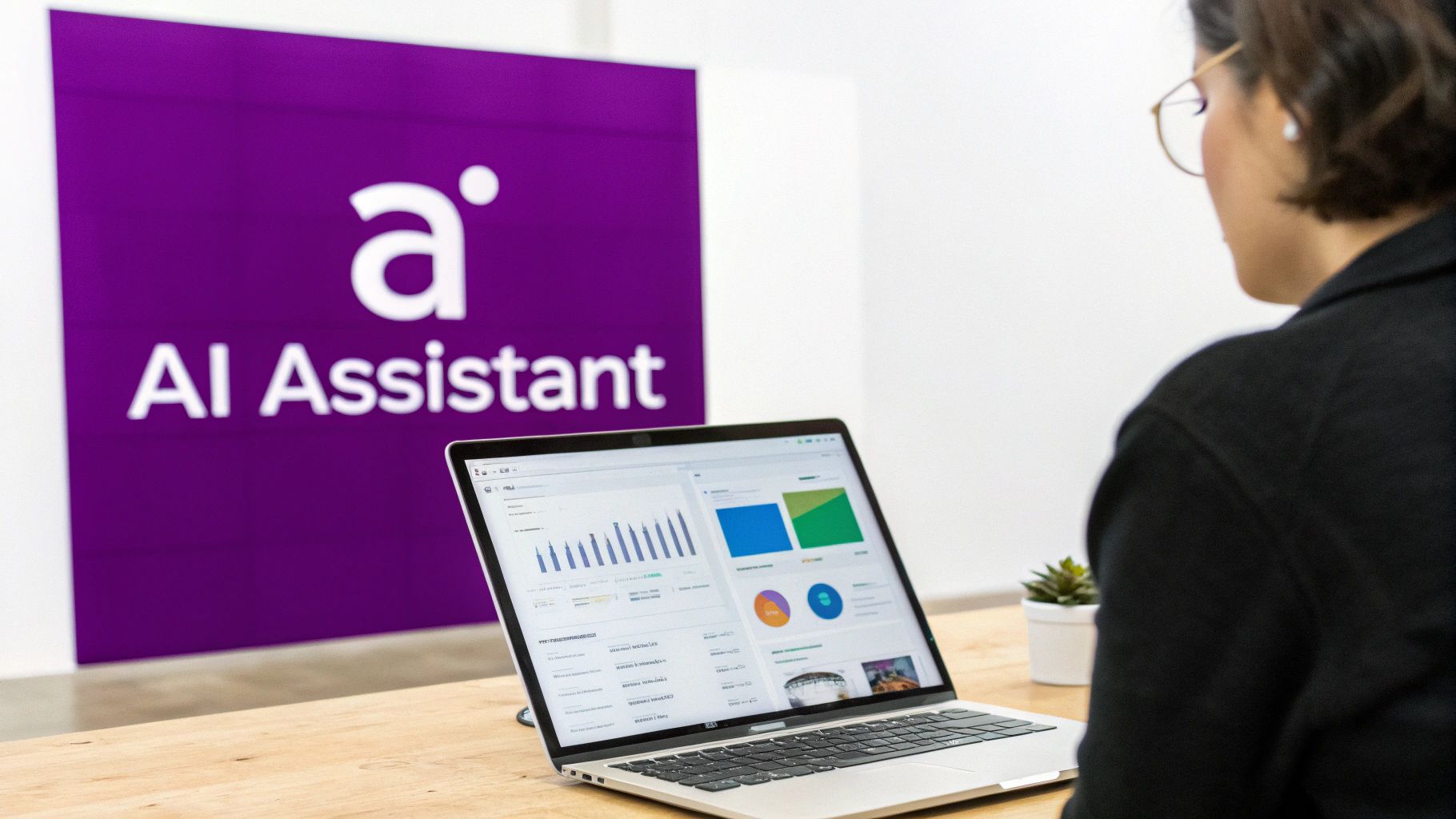 Person viewing a laptop displaying data charts in front of an "AI Assistant" sign.