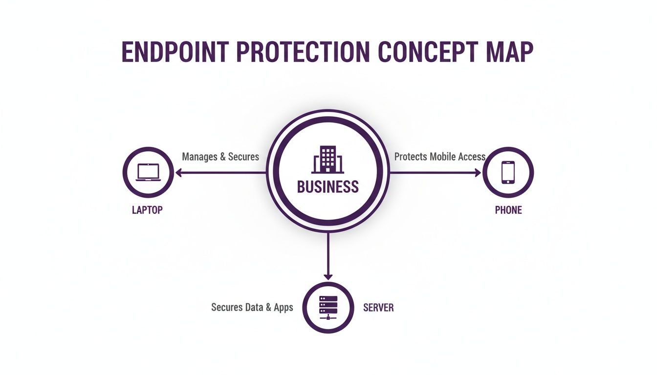 A concept map showing how a business provides endpoint protection for laptops, phones, and servers.