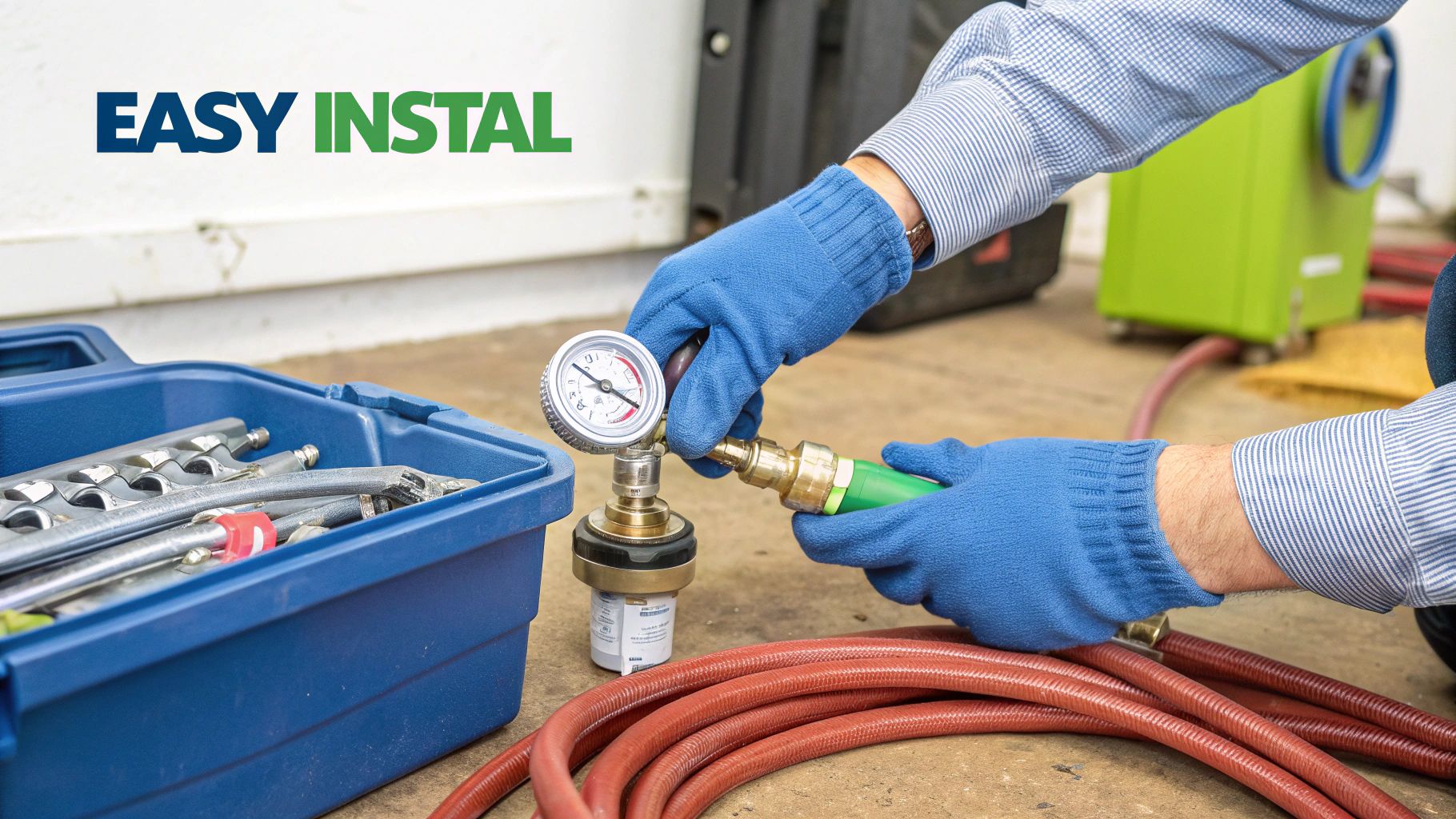 A person in blue gloves connects a green hose to a pressure gauge, demonstrating easy installation.
