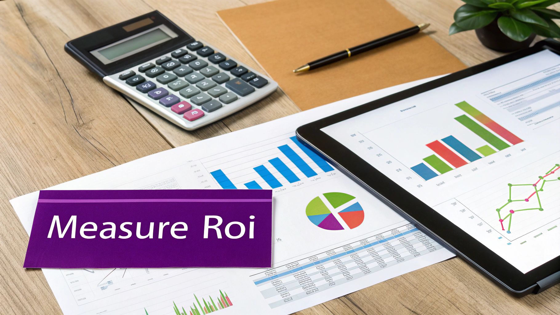 Business analytics reports with charts, graphs, calculator and tablet displaying ROI measurement data