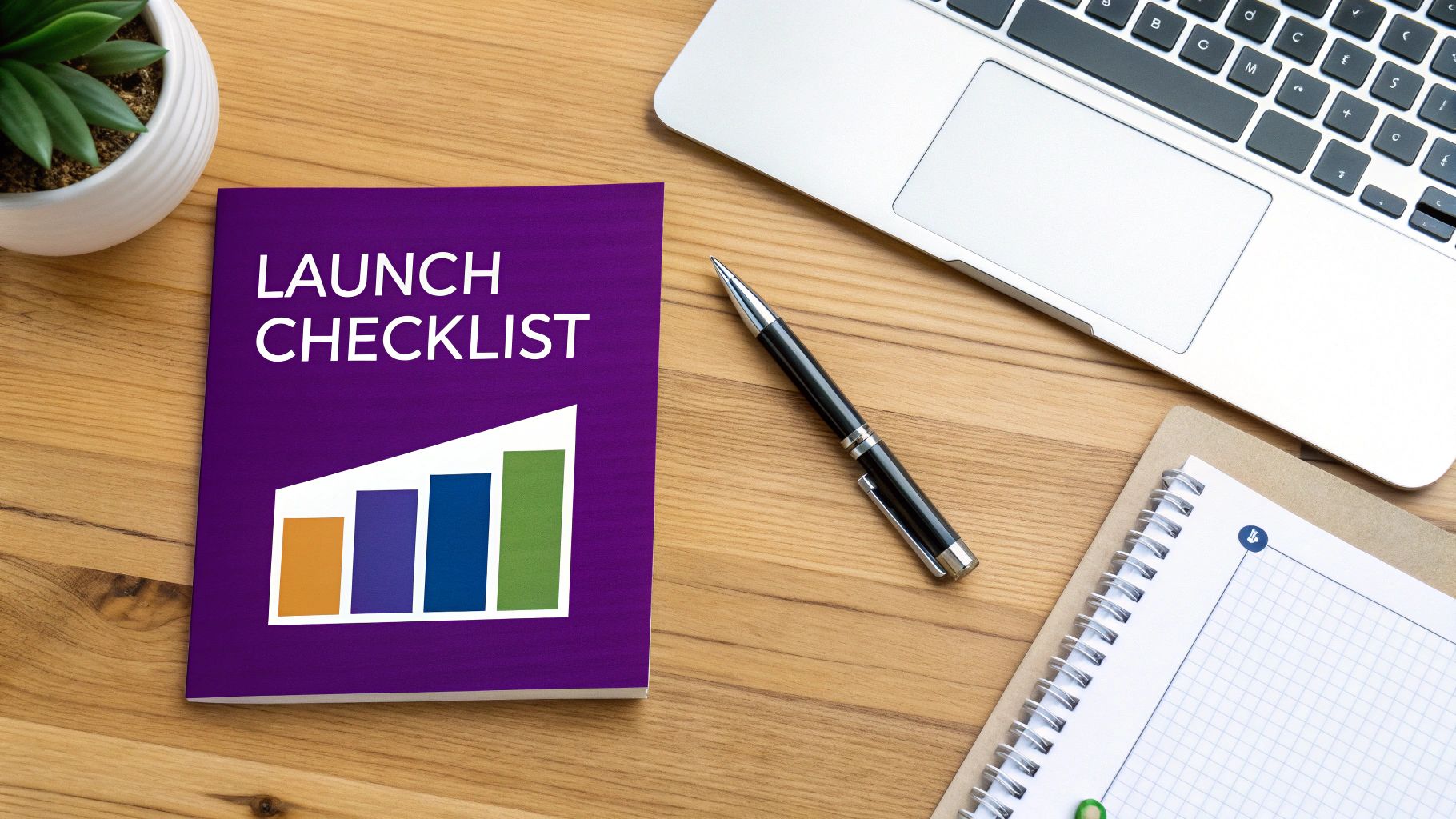 Purple launch checklist notebook with growth chart next to laptop and pen on wooden desk