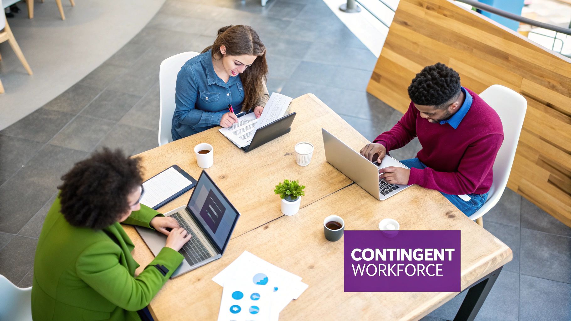 Diverse professionals collaborate at a modern office table with laptops, representing a contingent workforce.